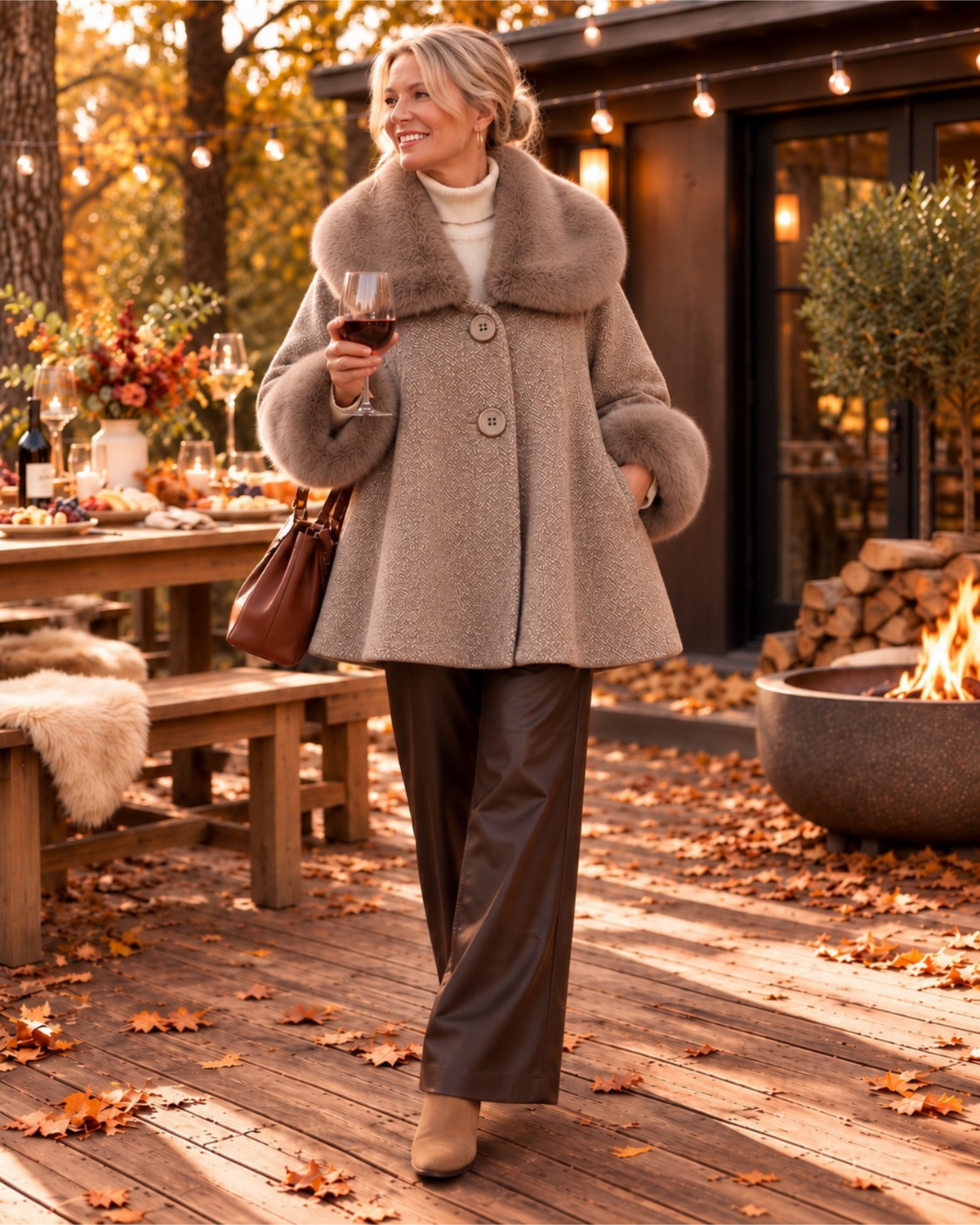 Taupe Faux Fur Trim Swing Coat – Made in Italy