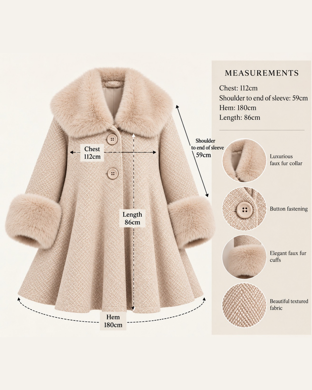 Cream Faux Fur Trim Swing Coat – Made in Italy