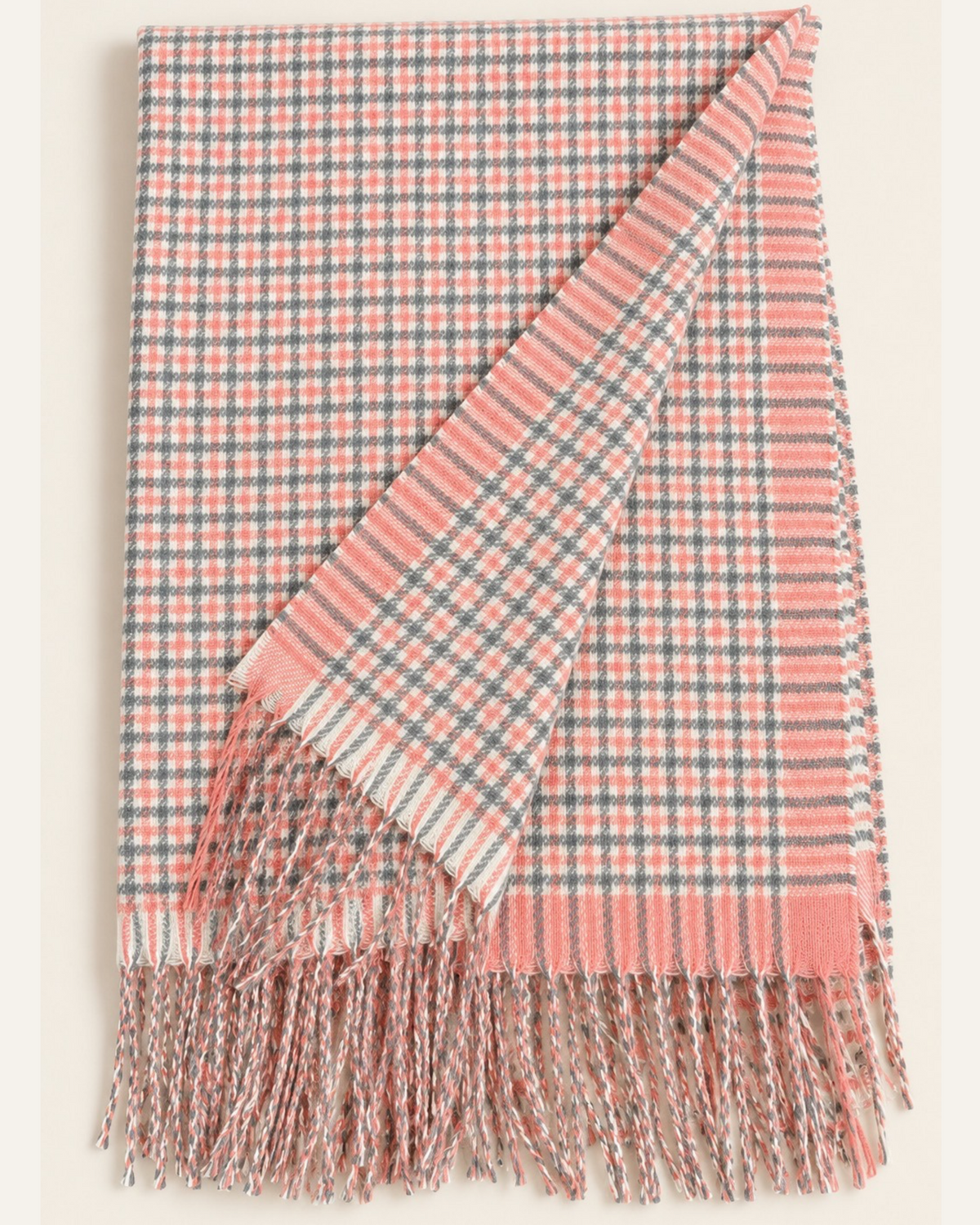 Blush Pink & Grey Checked Wool and Cotton Scarf