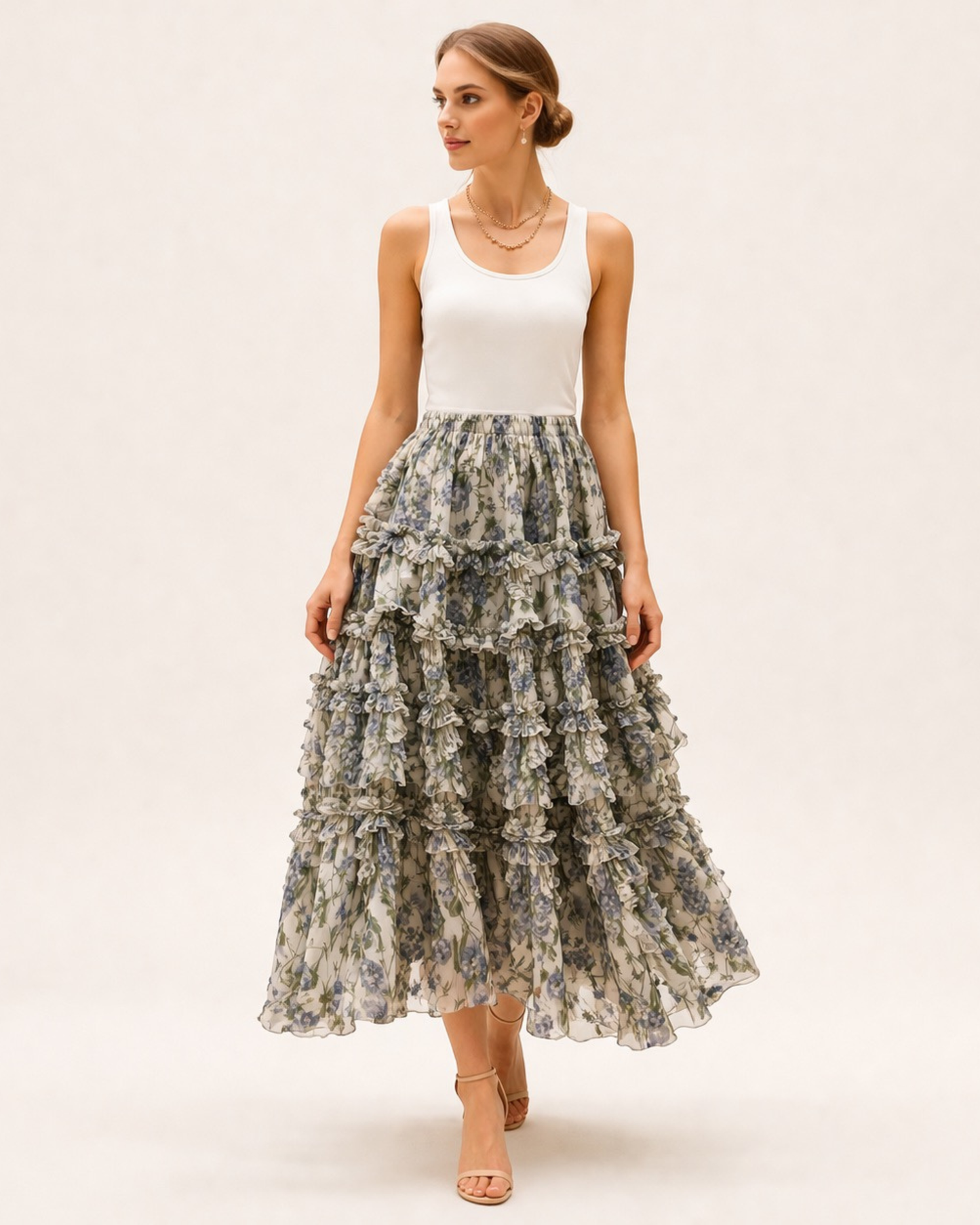 Soft Floral Tiered Midi Skirt