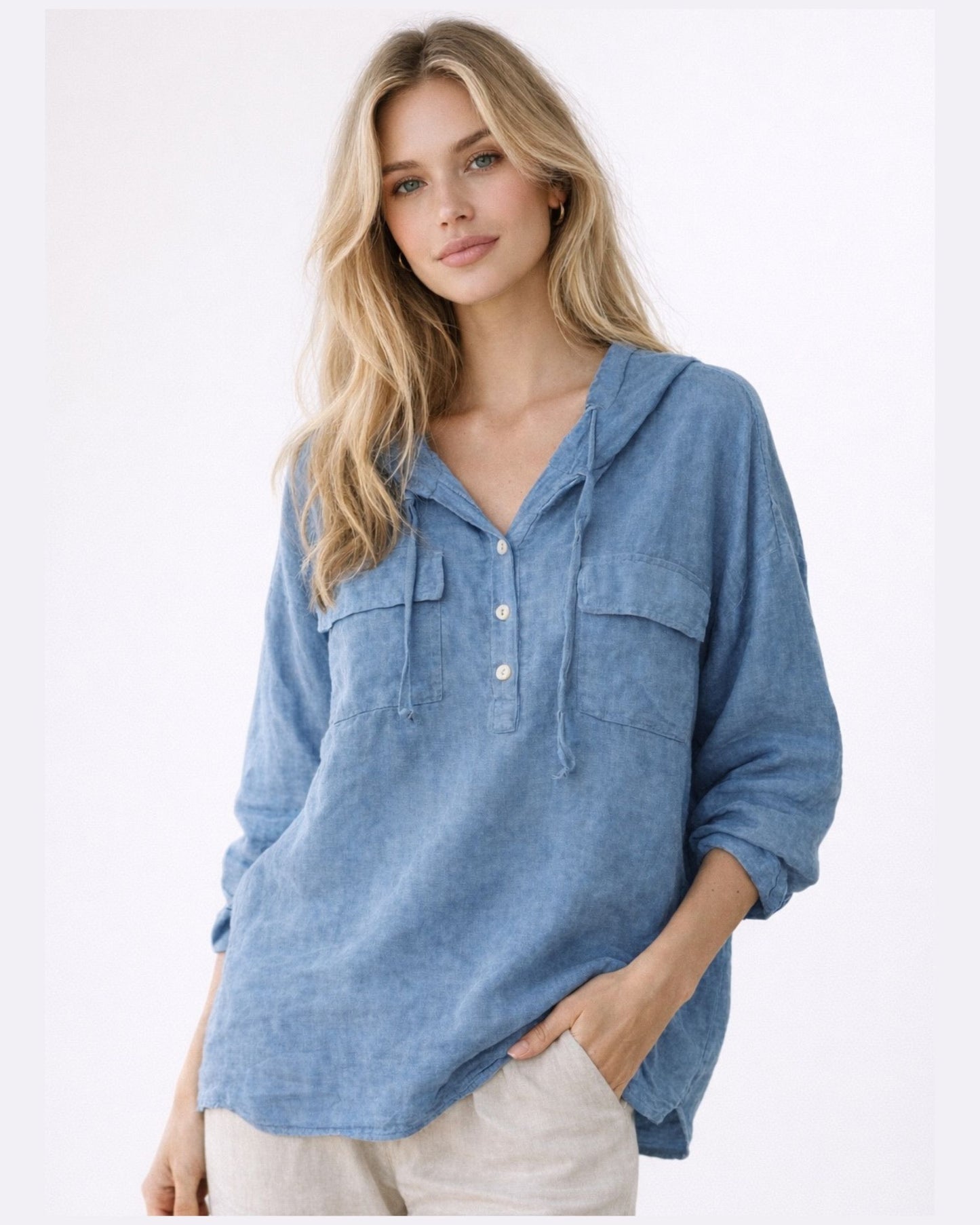 Italian Linen Top-Soft Blue/Made In Italy