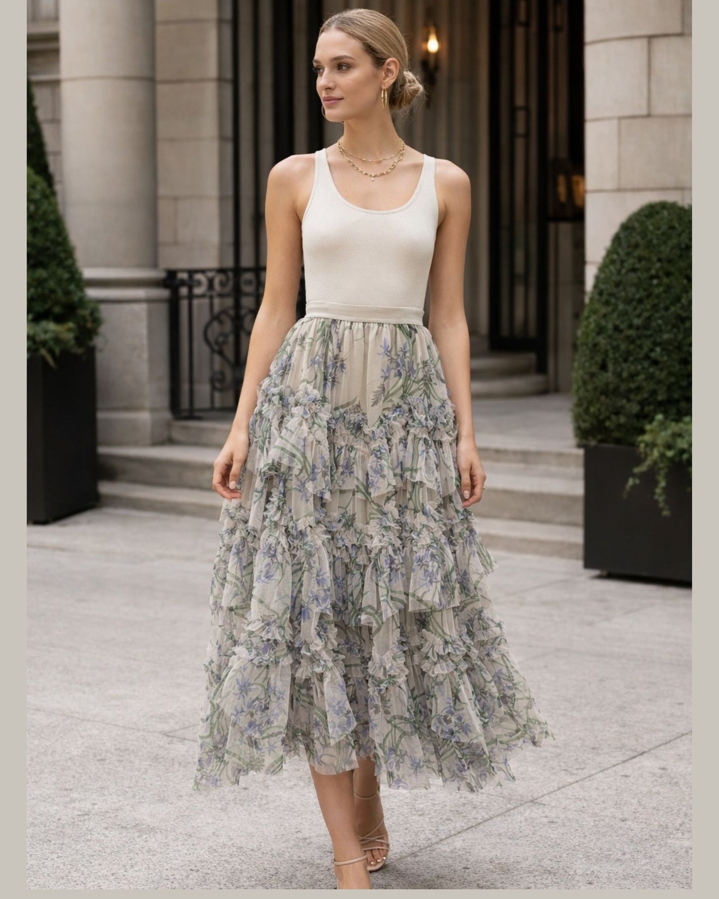 Soft Floral Tiered Midi Skirt