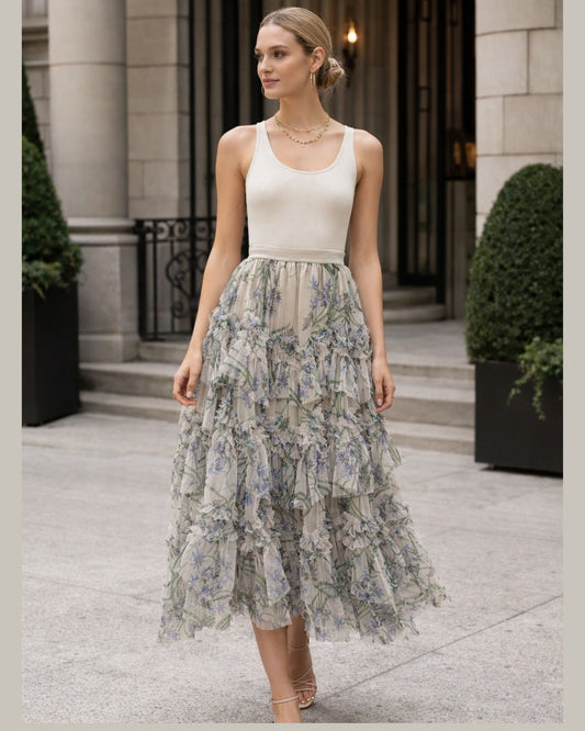 Soft Floral Tiered Midi Skirt