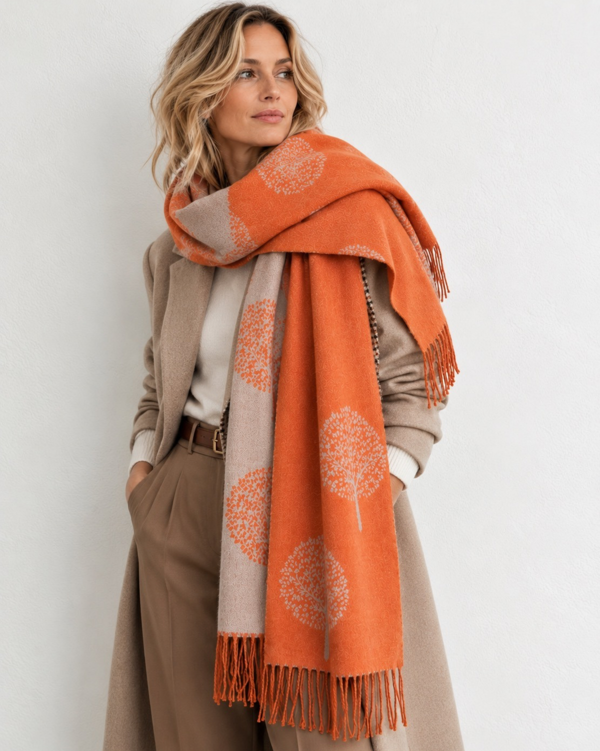 Cashmere Blend Tree Scarf – Burnt Orange