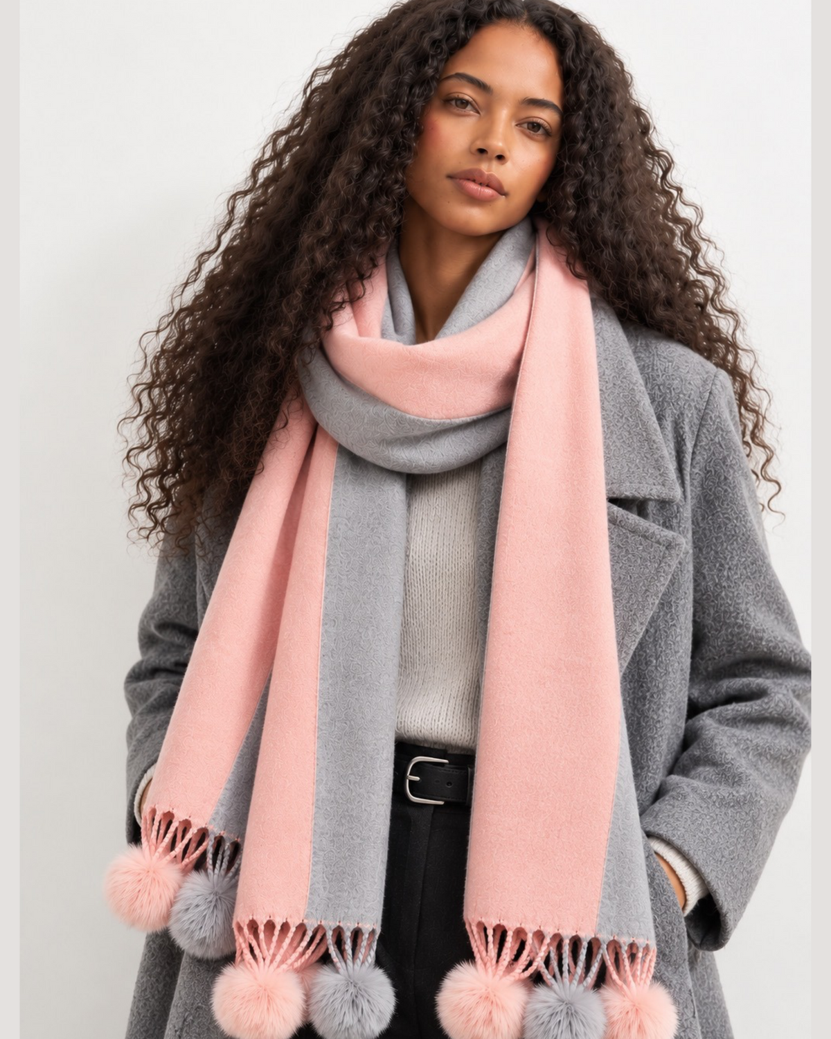 Pink & Grey Cashmere Blend Pom Pom Scarf