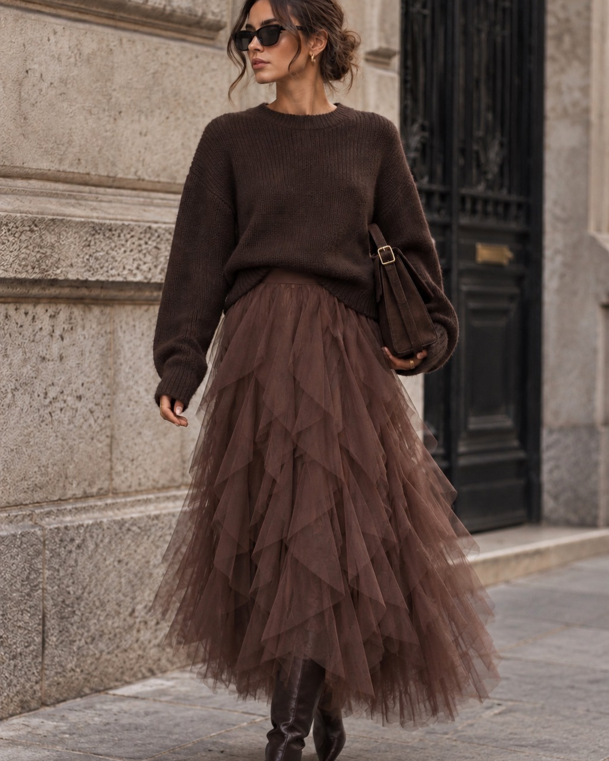 Chocolate Brown Layered Tulle Midi Skirt