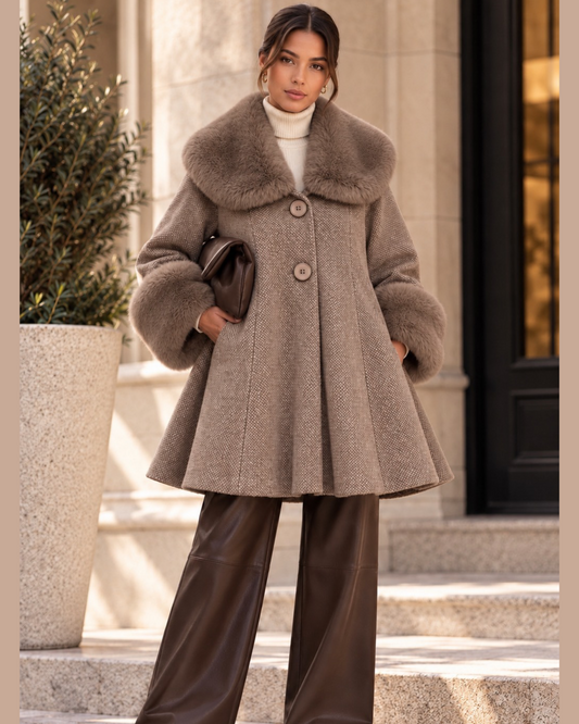 Taupe Faux Fur Trim Swing Coat – Made in Italy