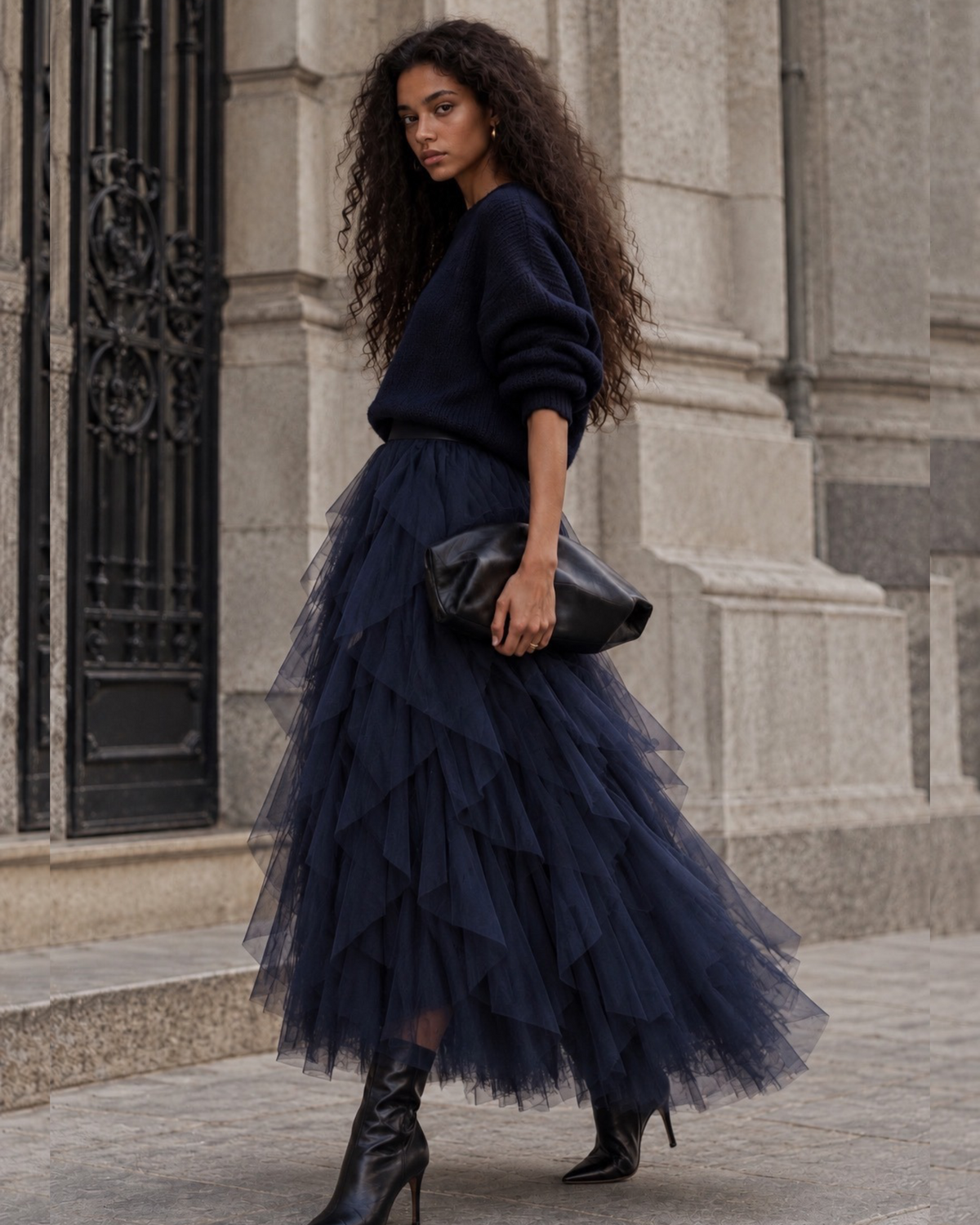 Navy Blue Layered Tulle Maxi Skirt