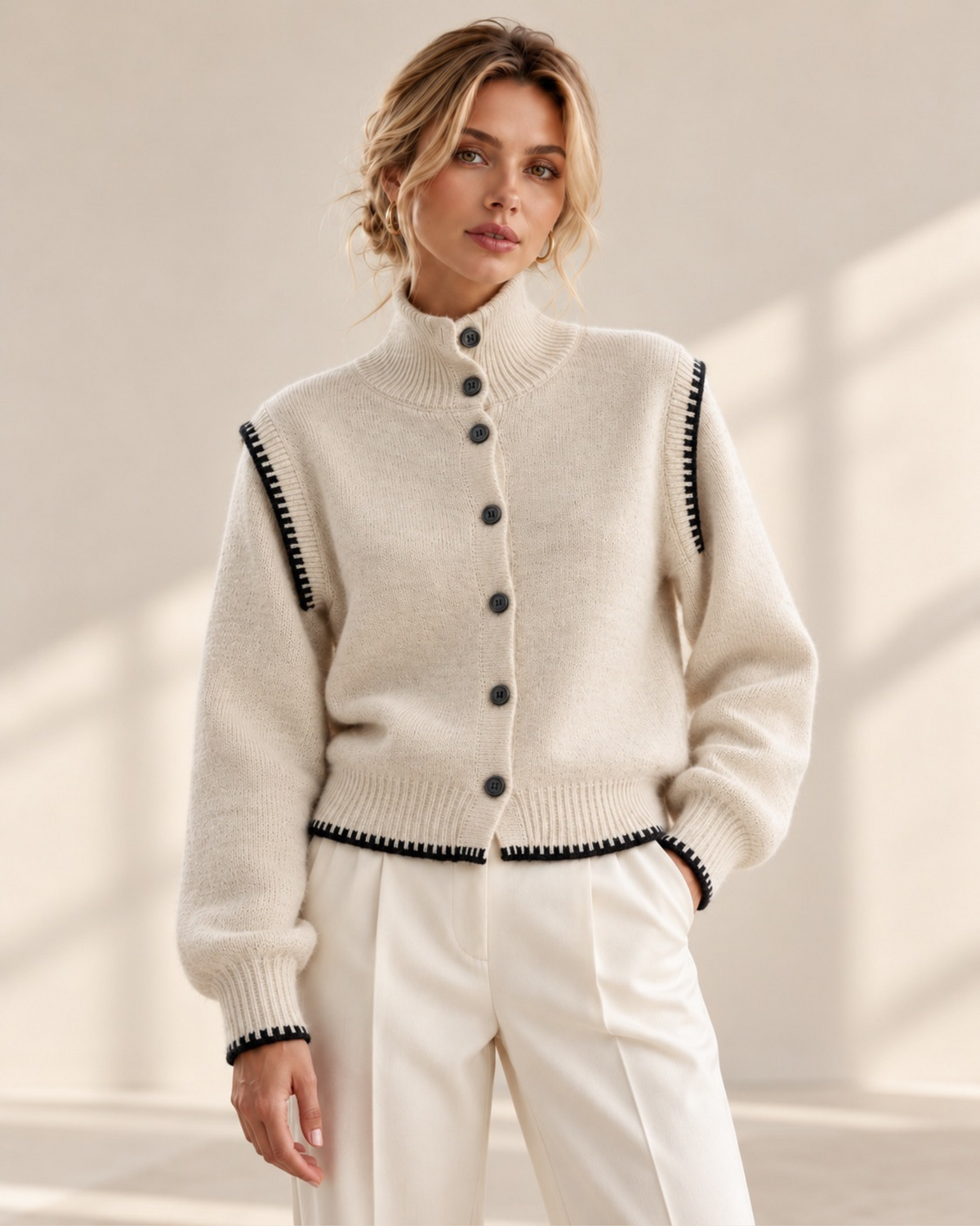 Cream Knit Cardigan with Contrast Stitch Detail