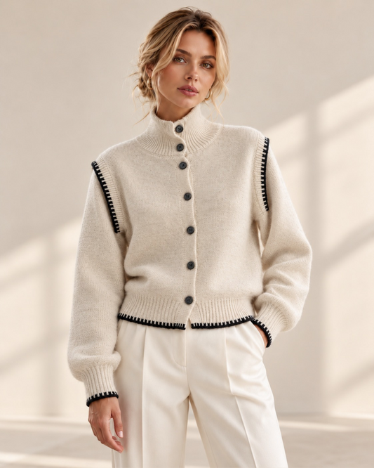Cream Knit Cardigan with Contrast Stitch Detail