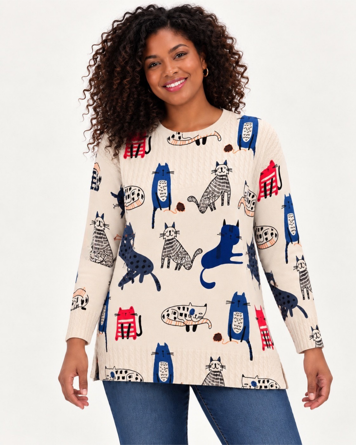 Cream Cat Print Longline Jumper