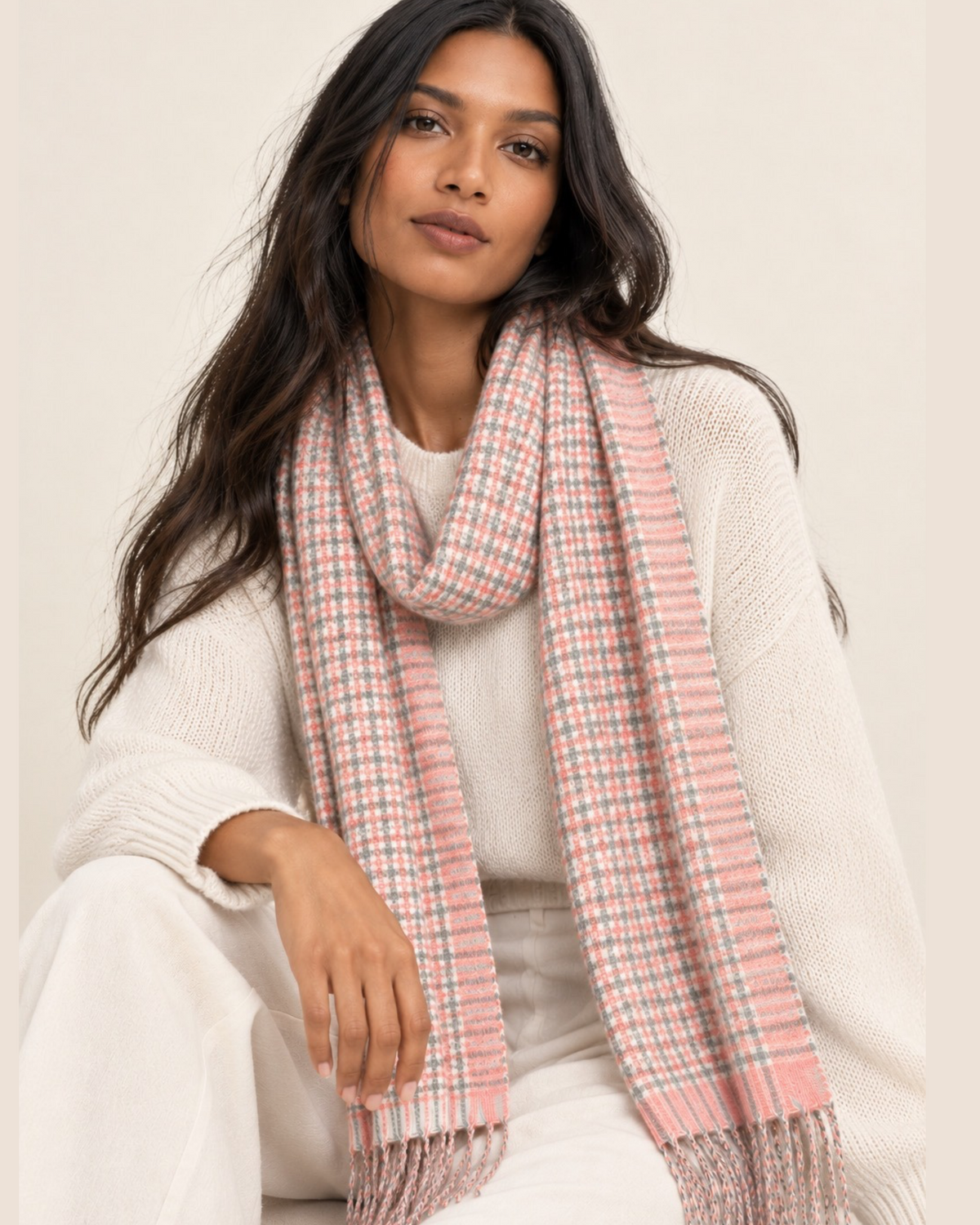 Blush Pink & Grey Checked Wool and Cotton Scarf