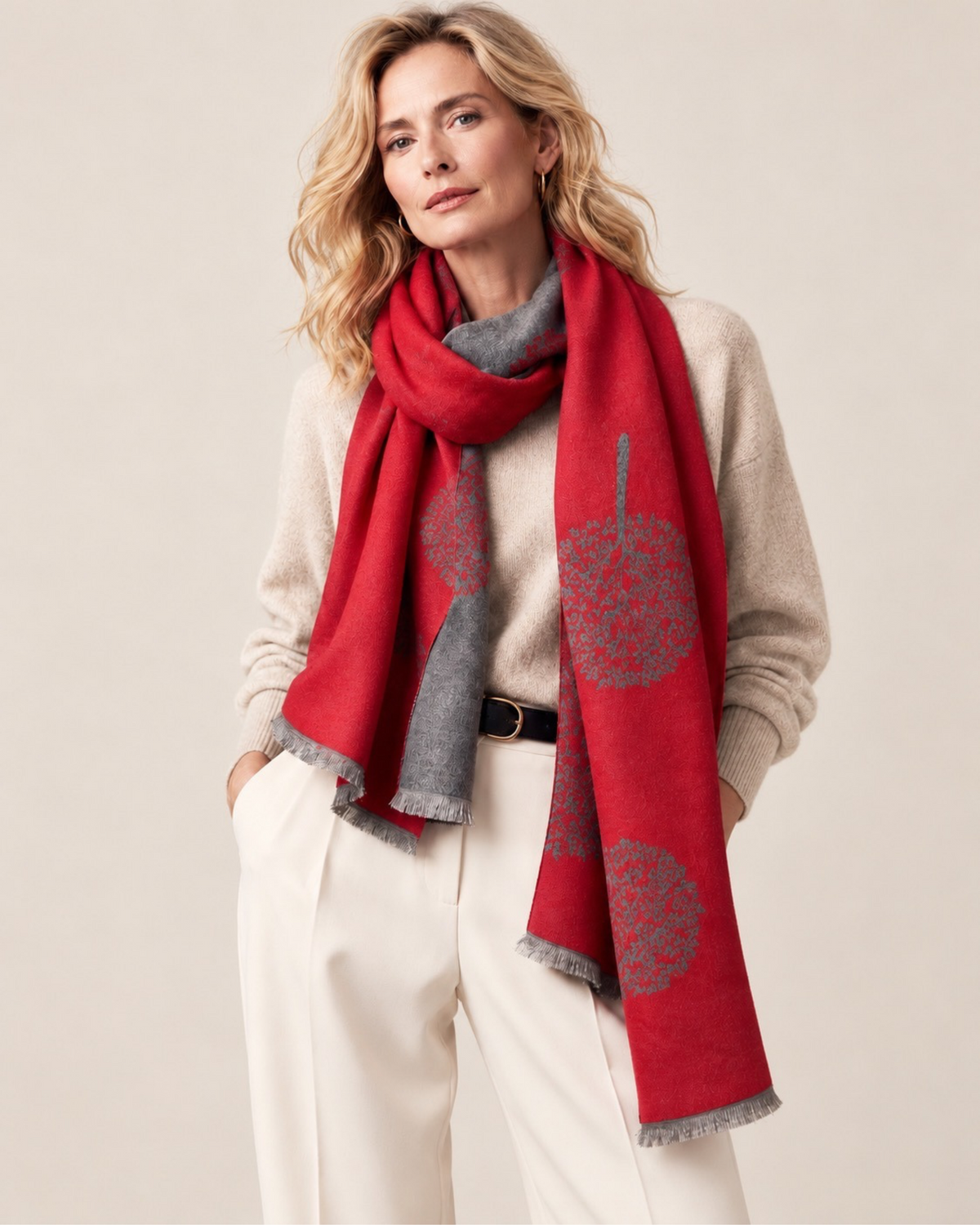 Red & Grey Cashmere Blend Tree Print Scarf