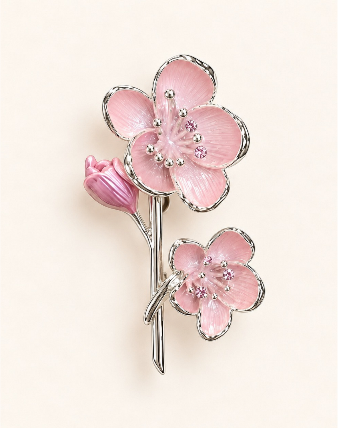 Silver-Plated Pink Blossom Flower Brooch