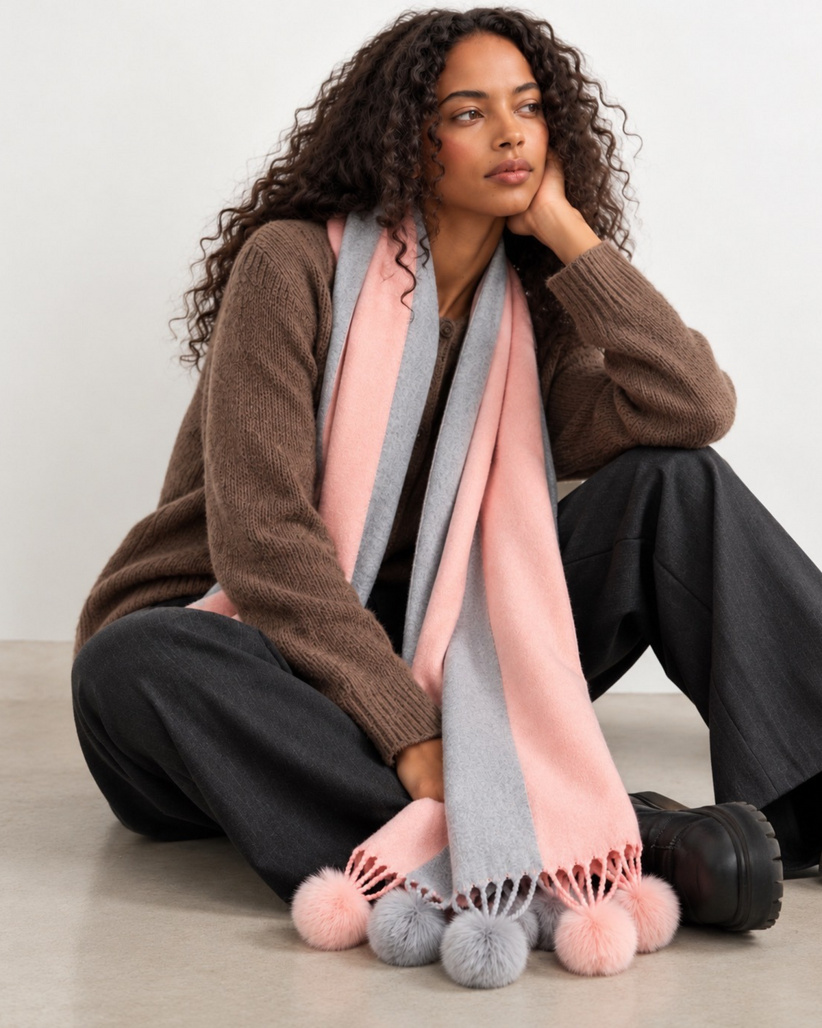 Pink & Grey Cashmere Blend Pom Pom Scarf