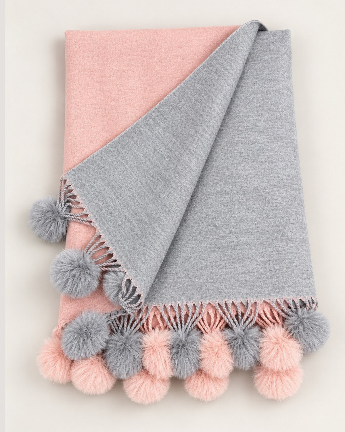 Pink & Grey Cashmere Blend Pom Pom Scarf