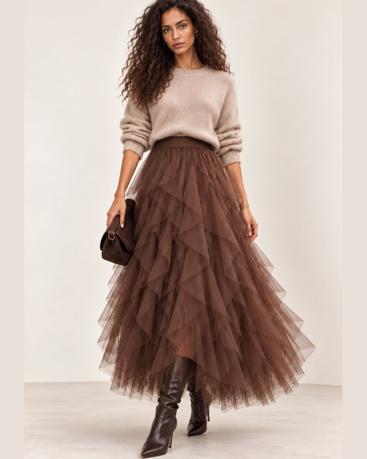 Chocolate Brown Layered Tulle Midi Skirt