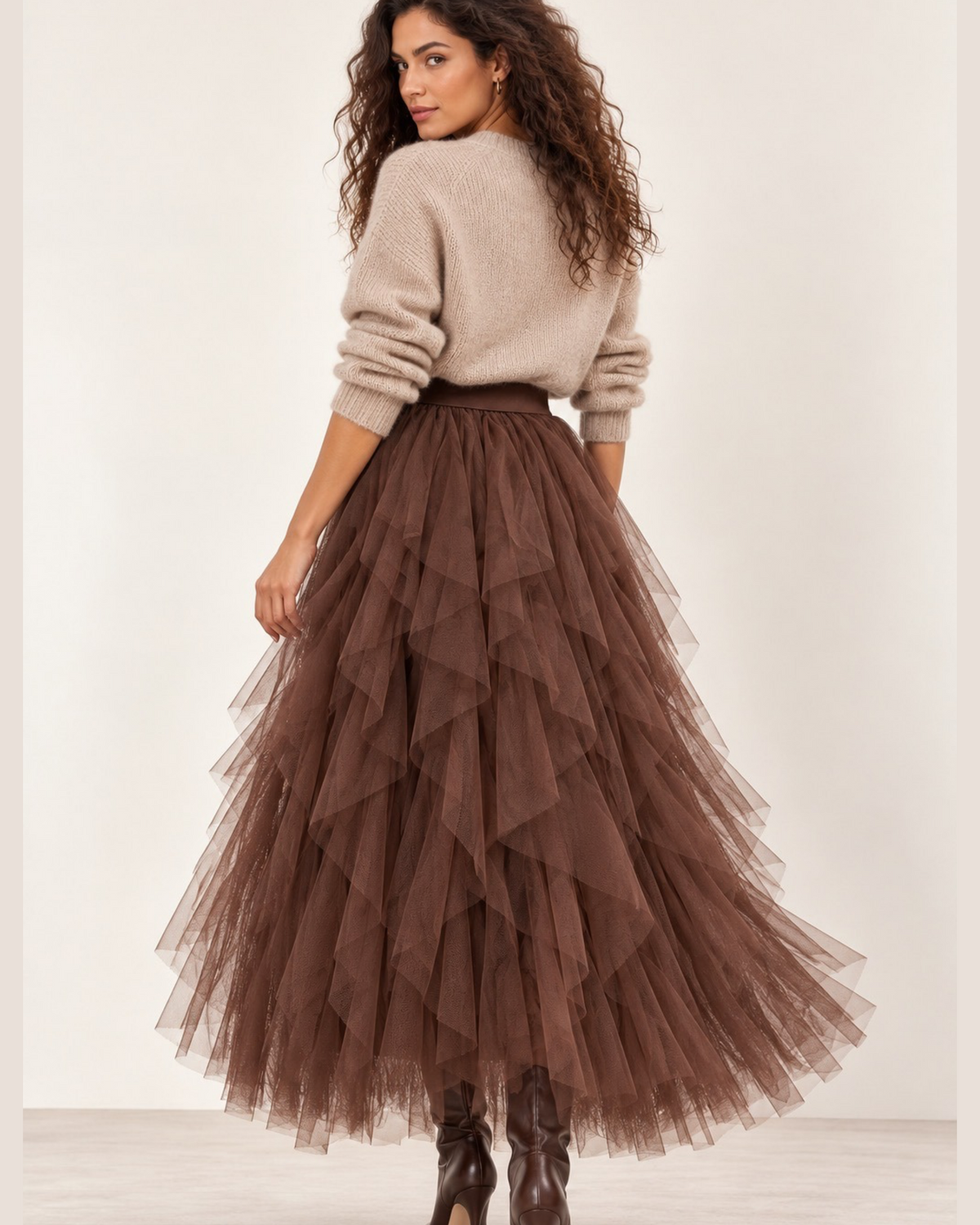 Chocolate Brown Layered Tulle Midi Skirt
