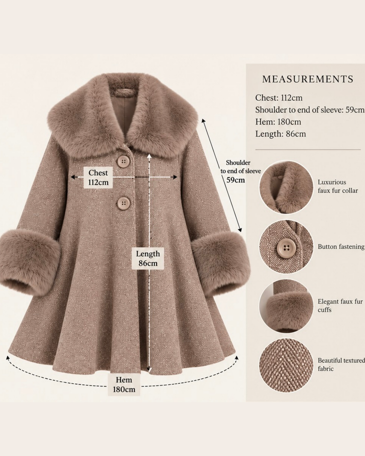 Taupe Faux Fur Trim Swing Coat – Made in Italy