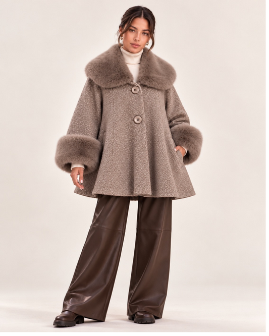 Taupe Faux Fur Trim Swing Coat – Made in Italy