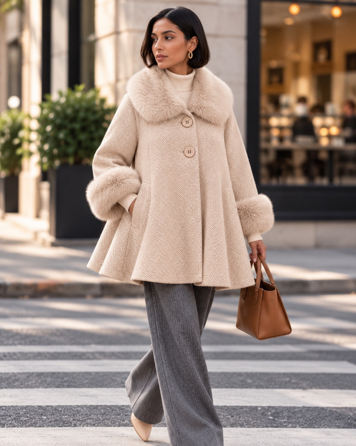 Cream Faux Fur Trim Swing Coat – Made in Italy