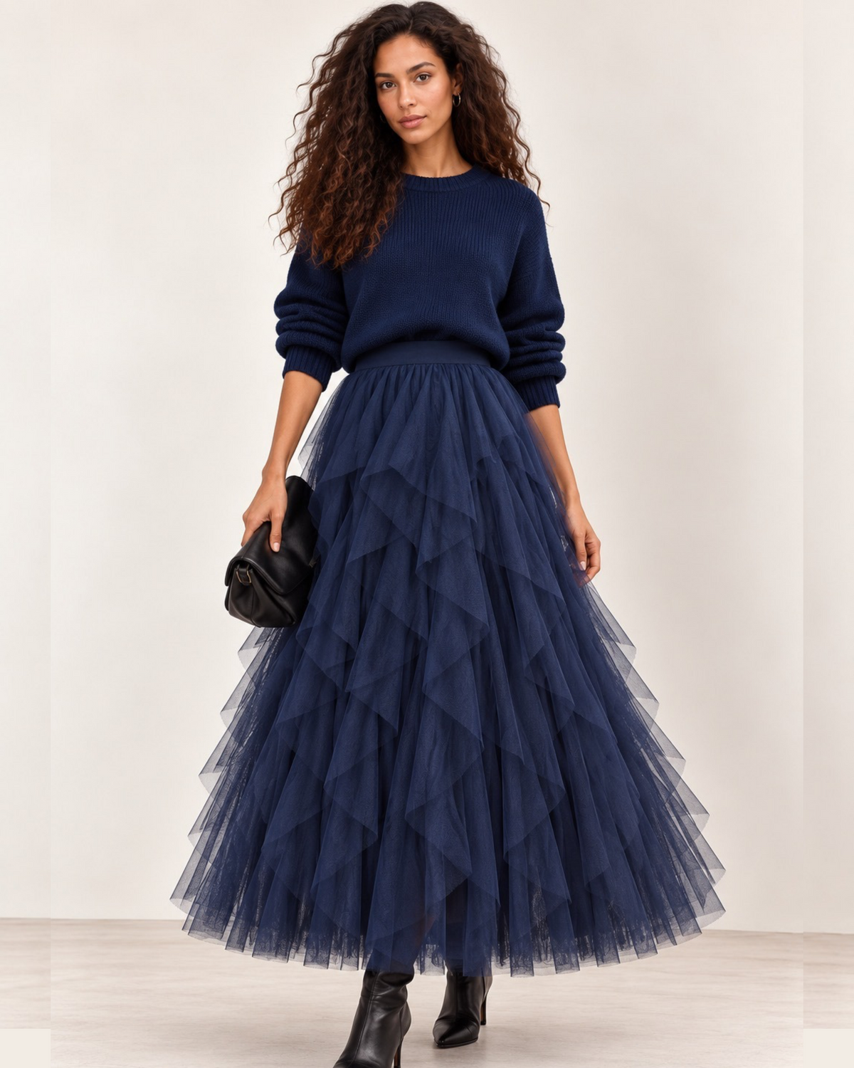 Navy Blue Layered Tulle Maxi Skirt