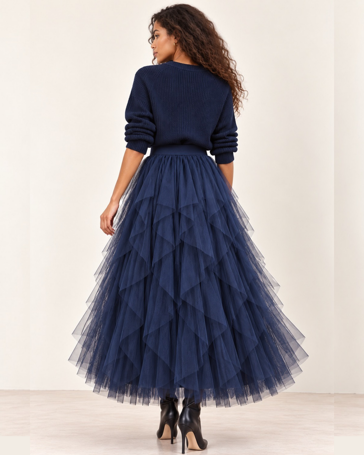 Navy Blue Layered Tulle Maxi Skirt
