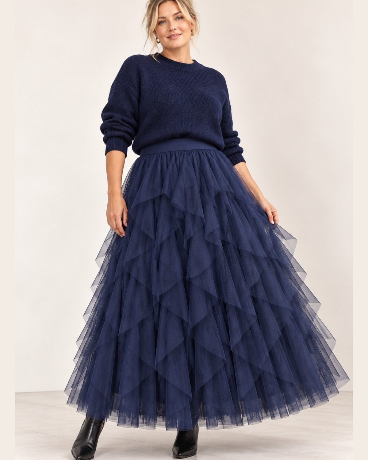 Navy Blue Layered Tulle Maxi Skirt