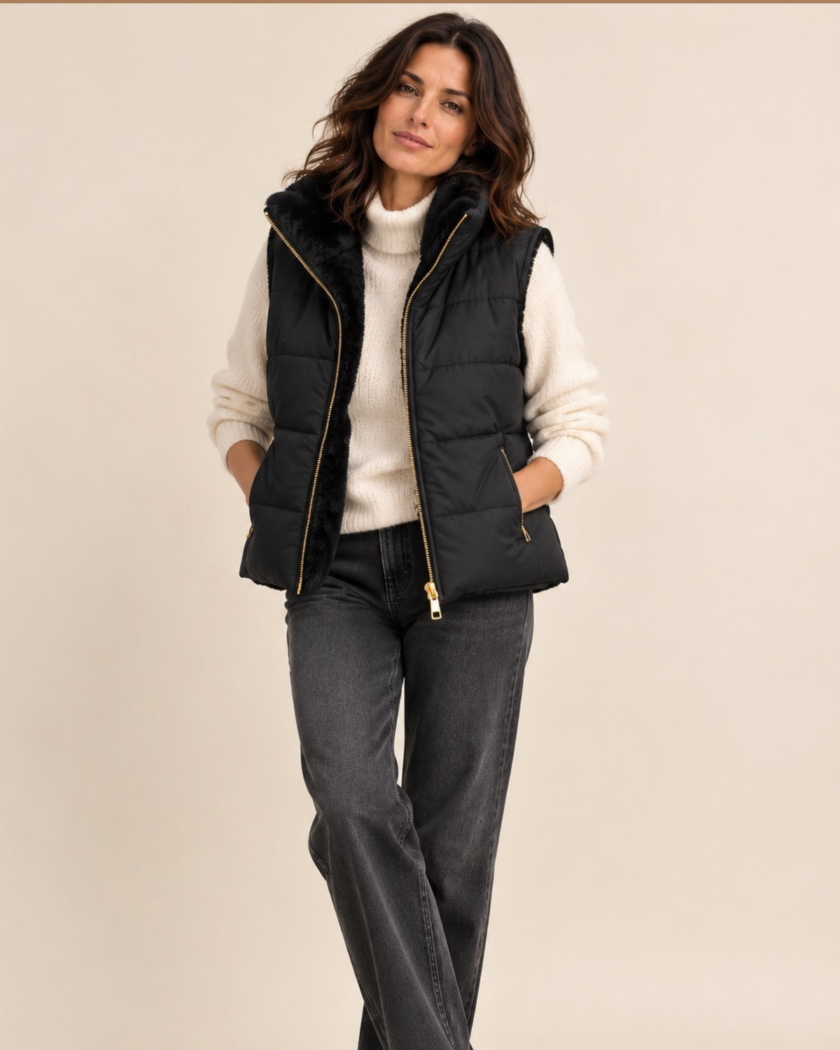 Reversible Faux Fur & Padded Gilet – Black