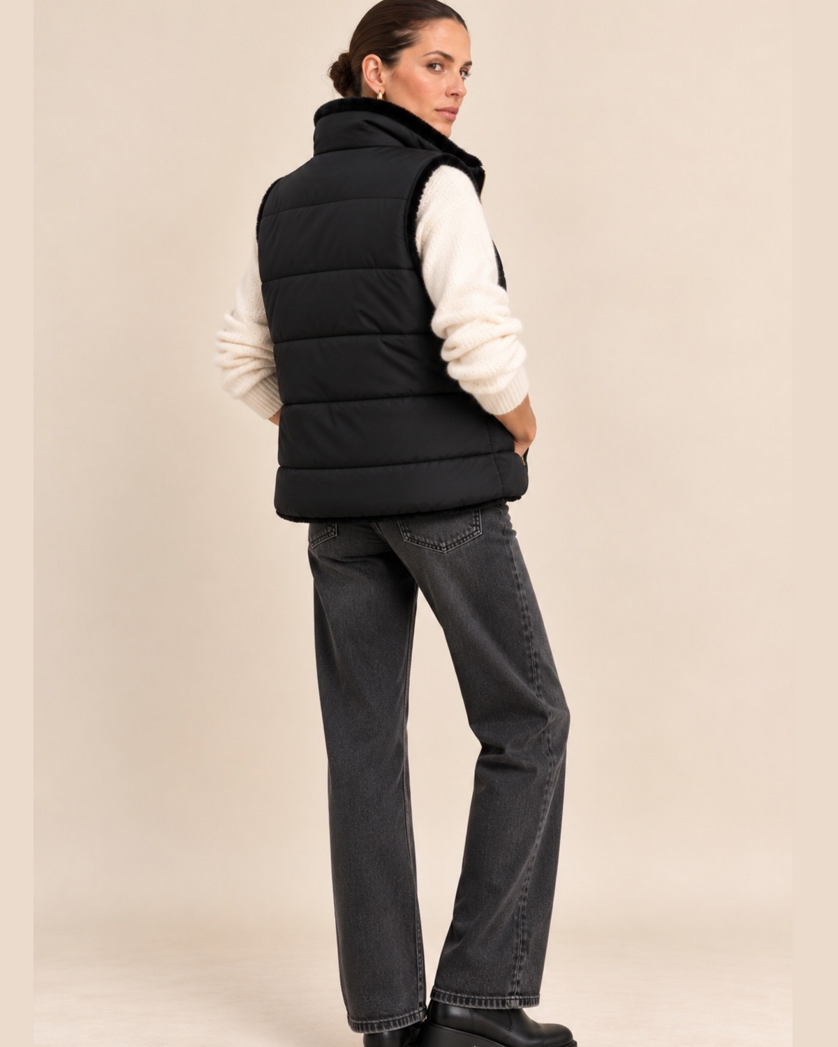 Reversible Faux Fur & Padded Gilet – Black