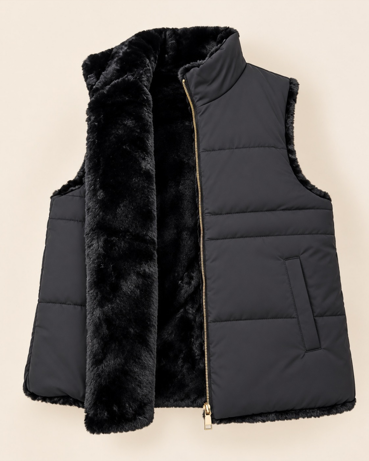 Reversible Faux Fur & Padded Gilet – Black