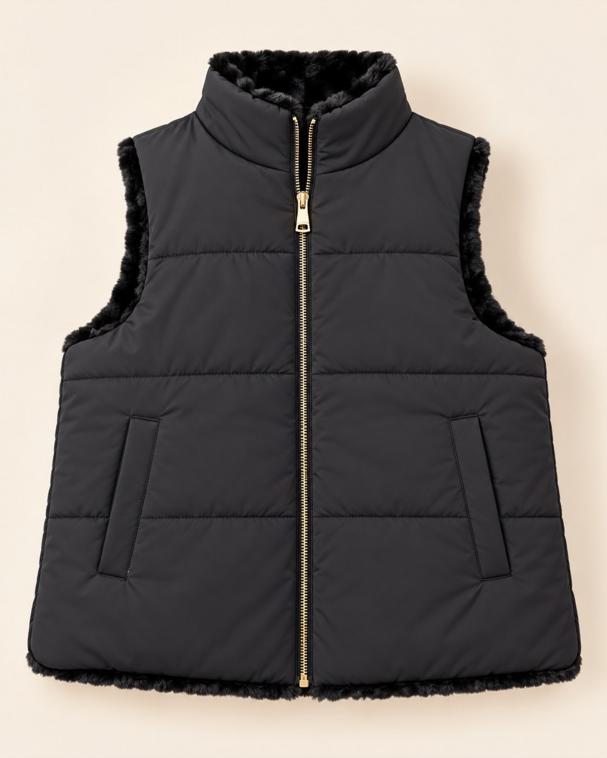Reversible Faux Fur & Padded Gilet – Black