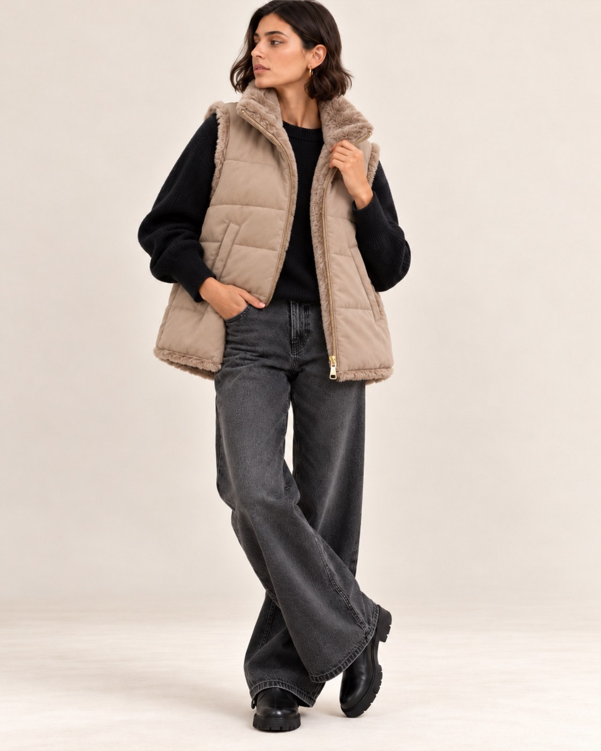 Reversible Faux Fur & Padded Gilet – Beige