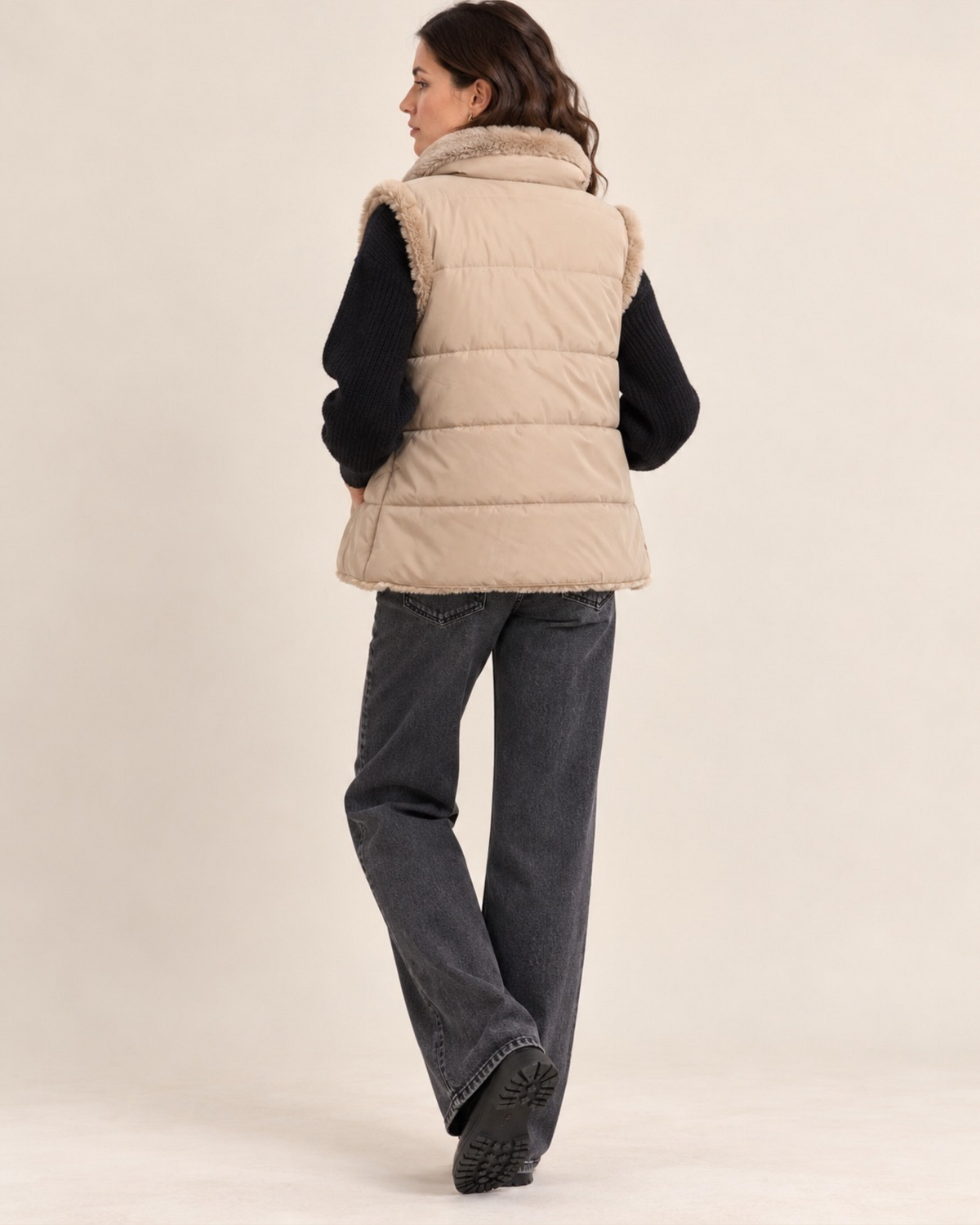Reversible Faux Fur & Padded Gilet – Beige