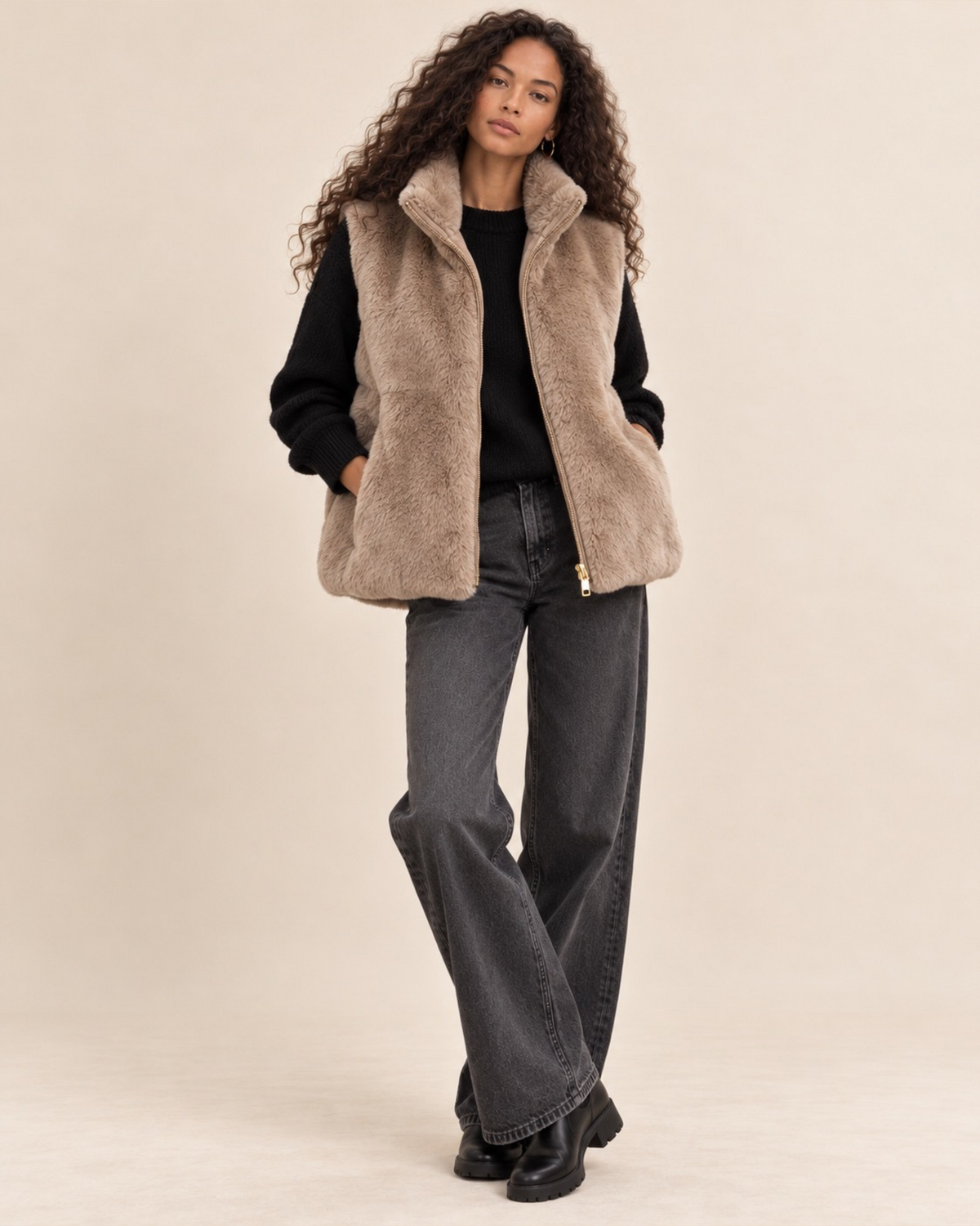 Reversible Faux Fur & Padded Gilet – Beige