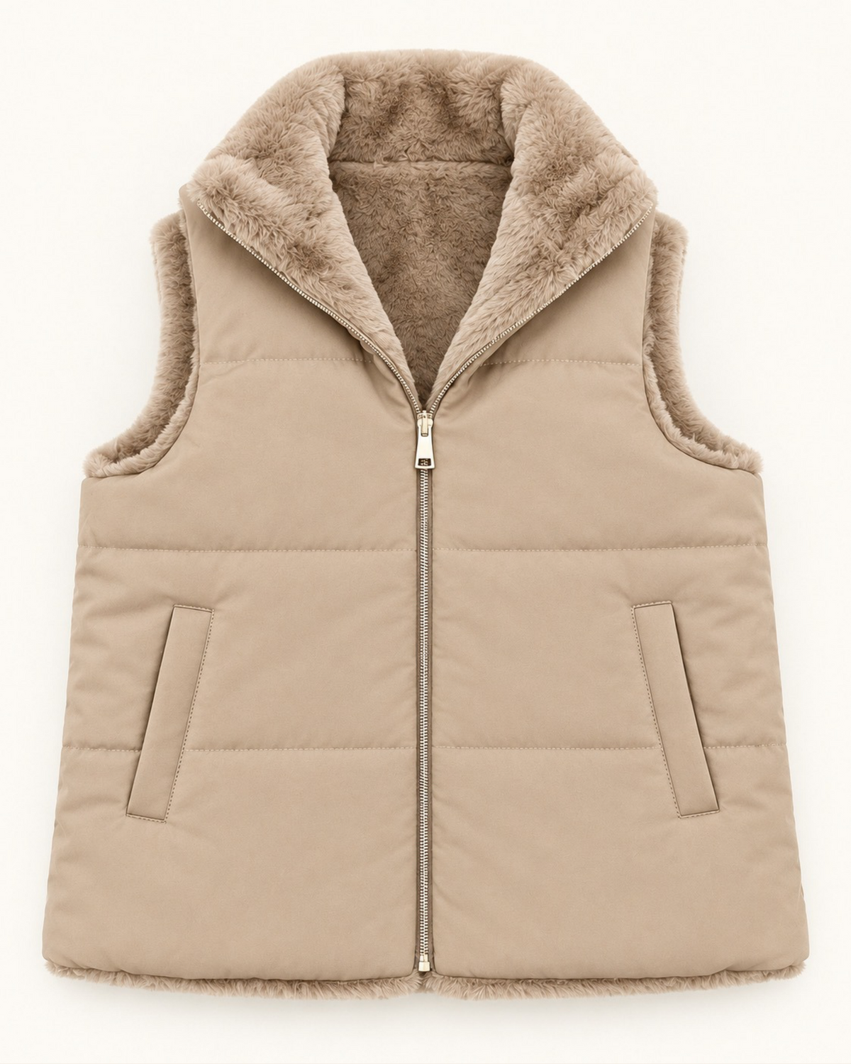 Reversible Faux Fur & Padded Gilet – Beige