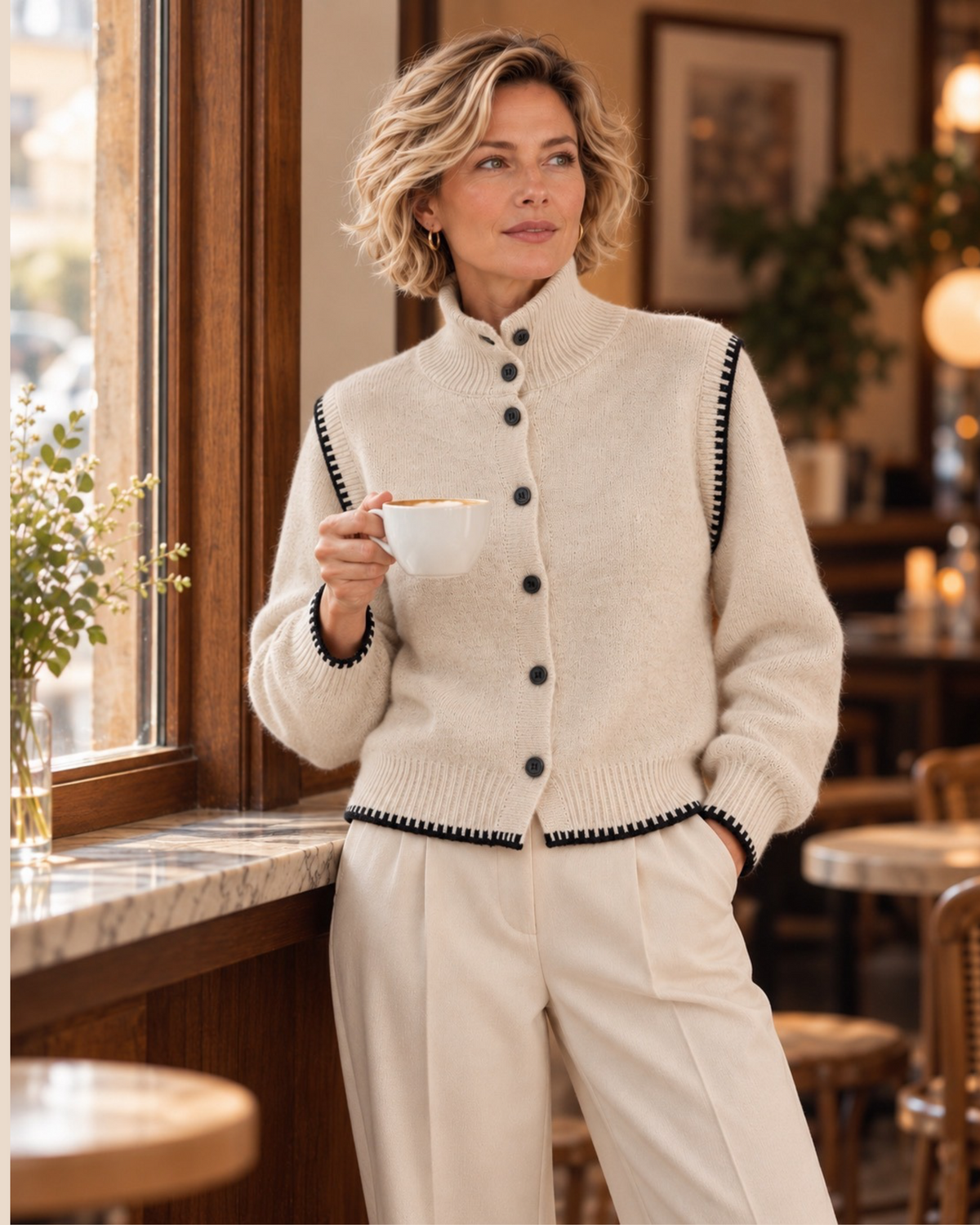 Cream Knit Cardigan with Contrast Stitch Detail