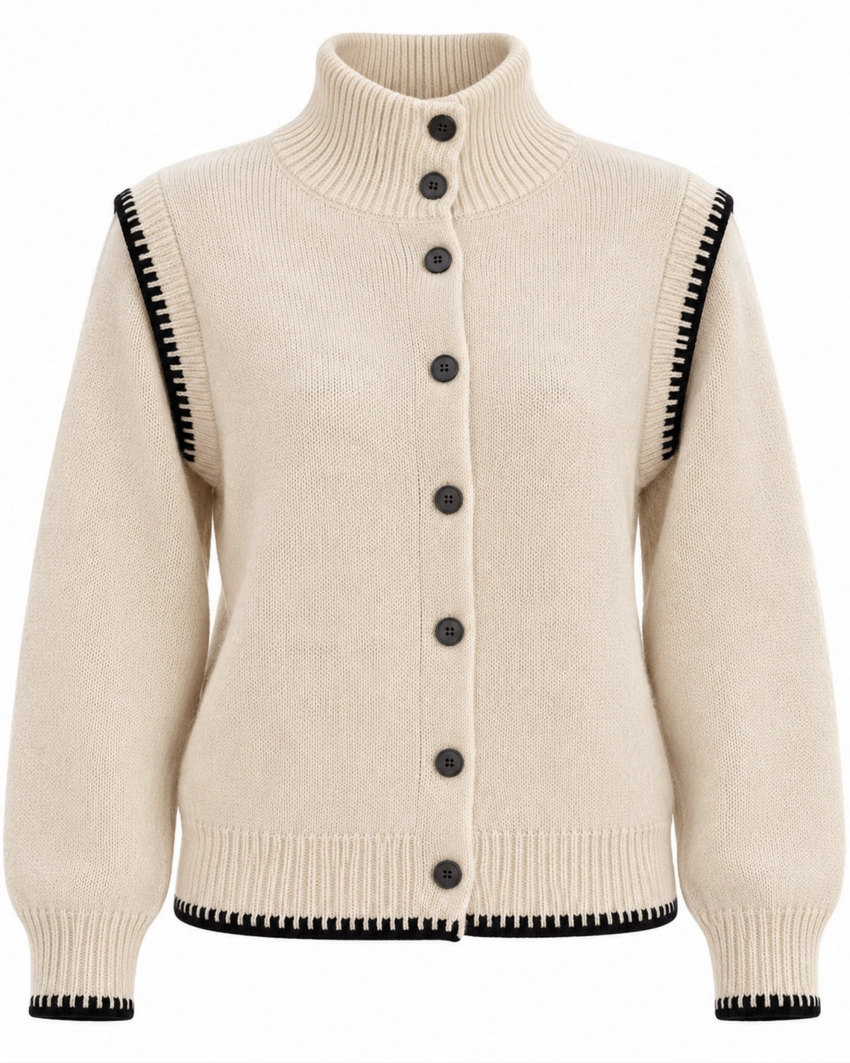 Cream Knit Cardigan with Contrast Stitch Detail
