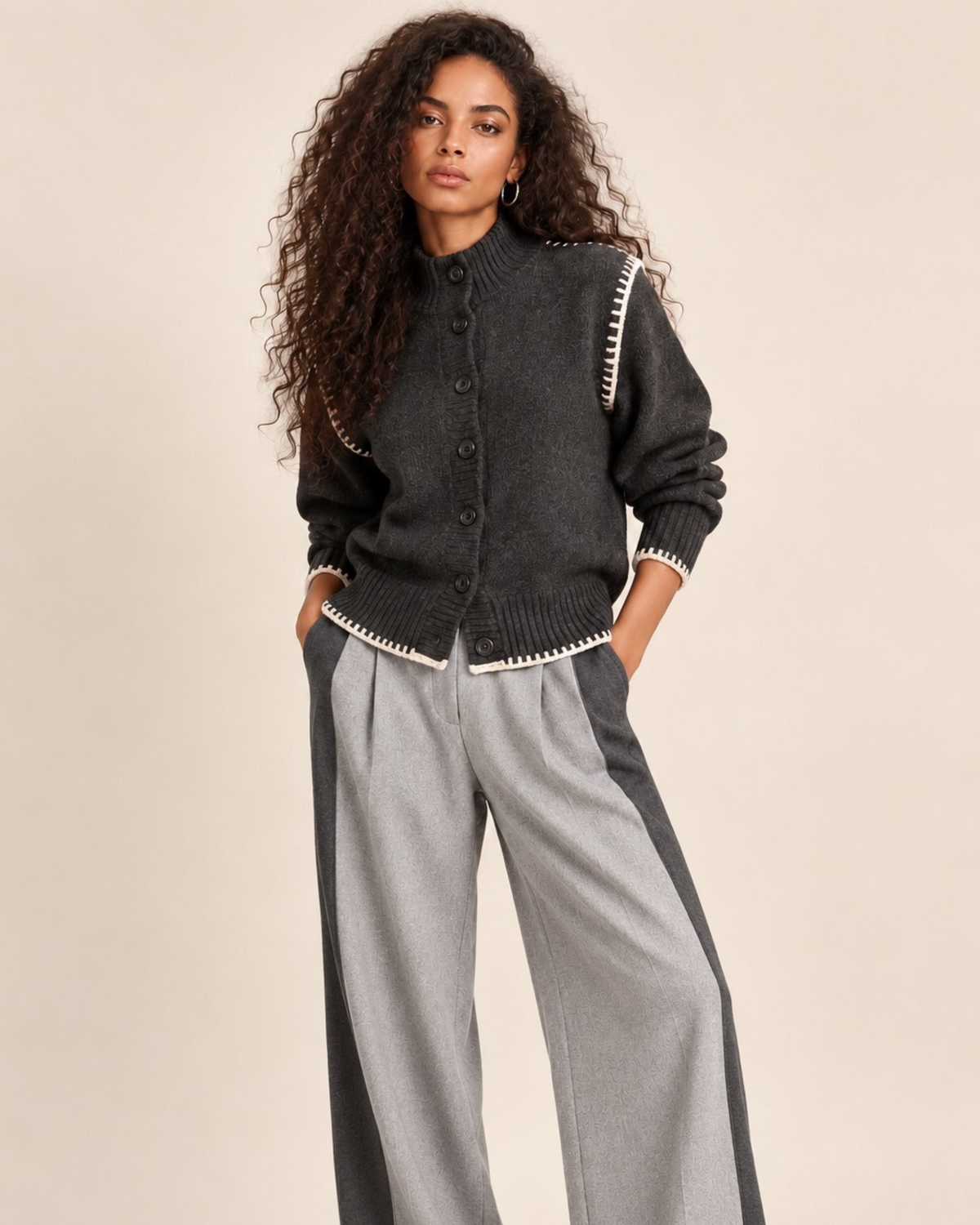 Dark Grey Contrast Stitch Cardigan