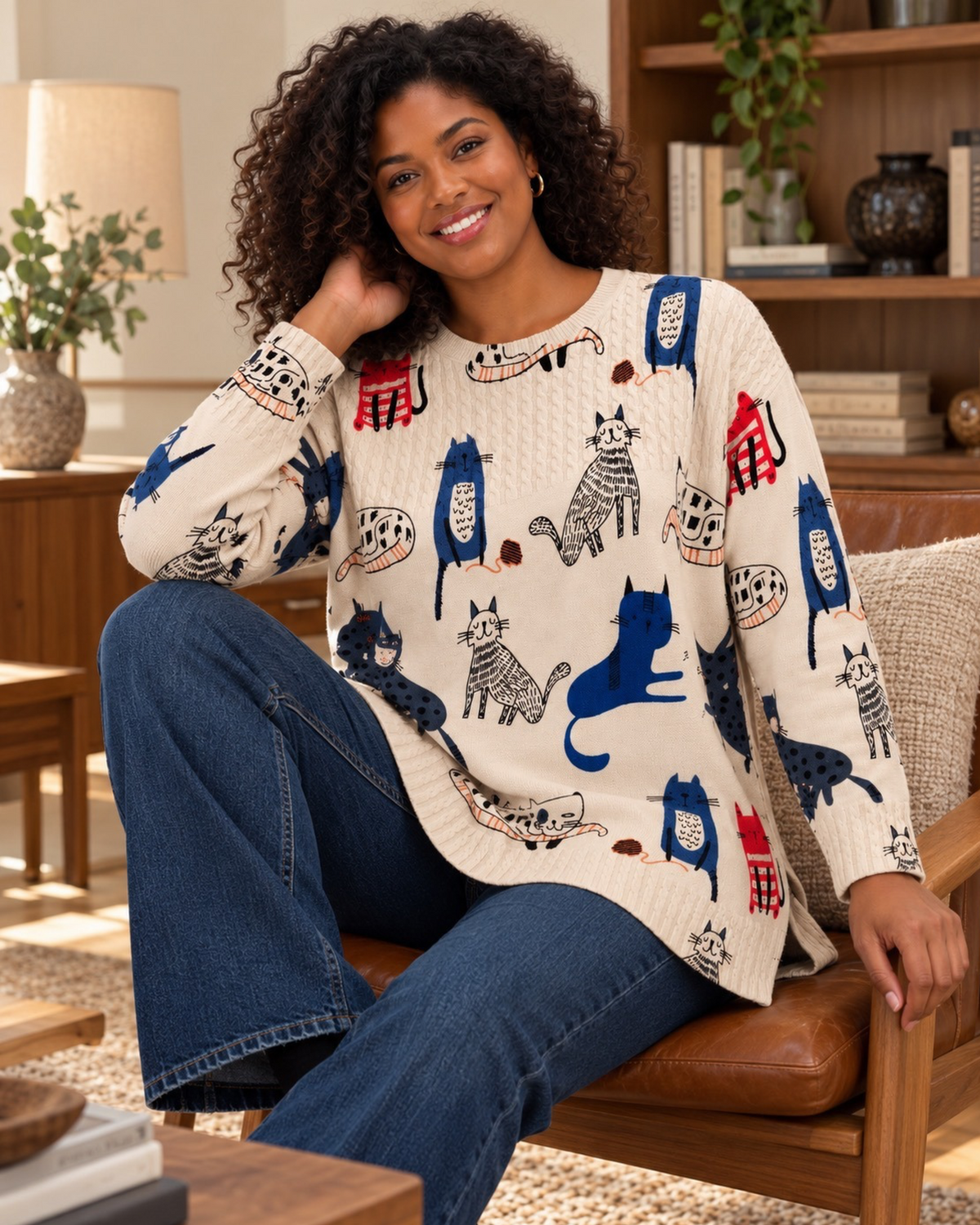 Cream Cat Print Longline Jumper