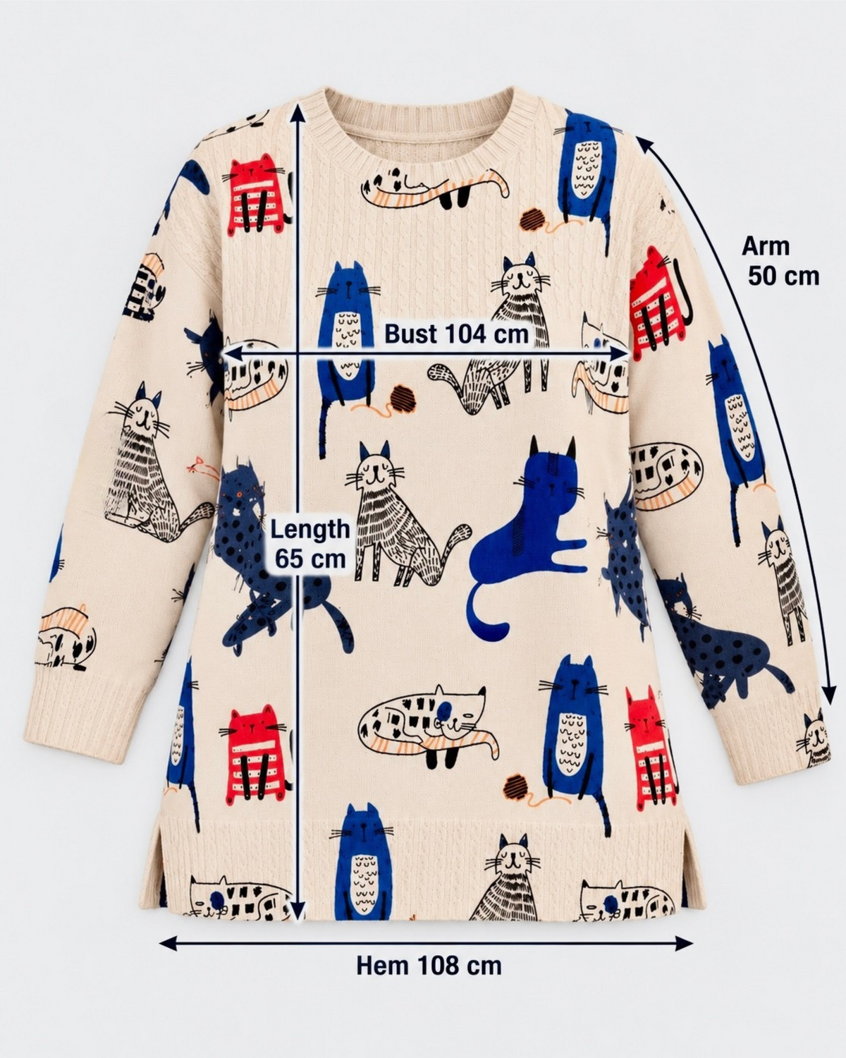Cream Cat Print Longline Jumper