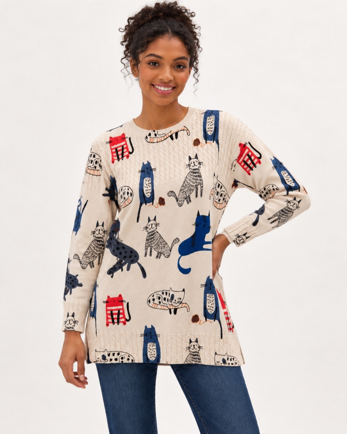 Cream Cat Print Longline Jumper