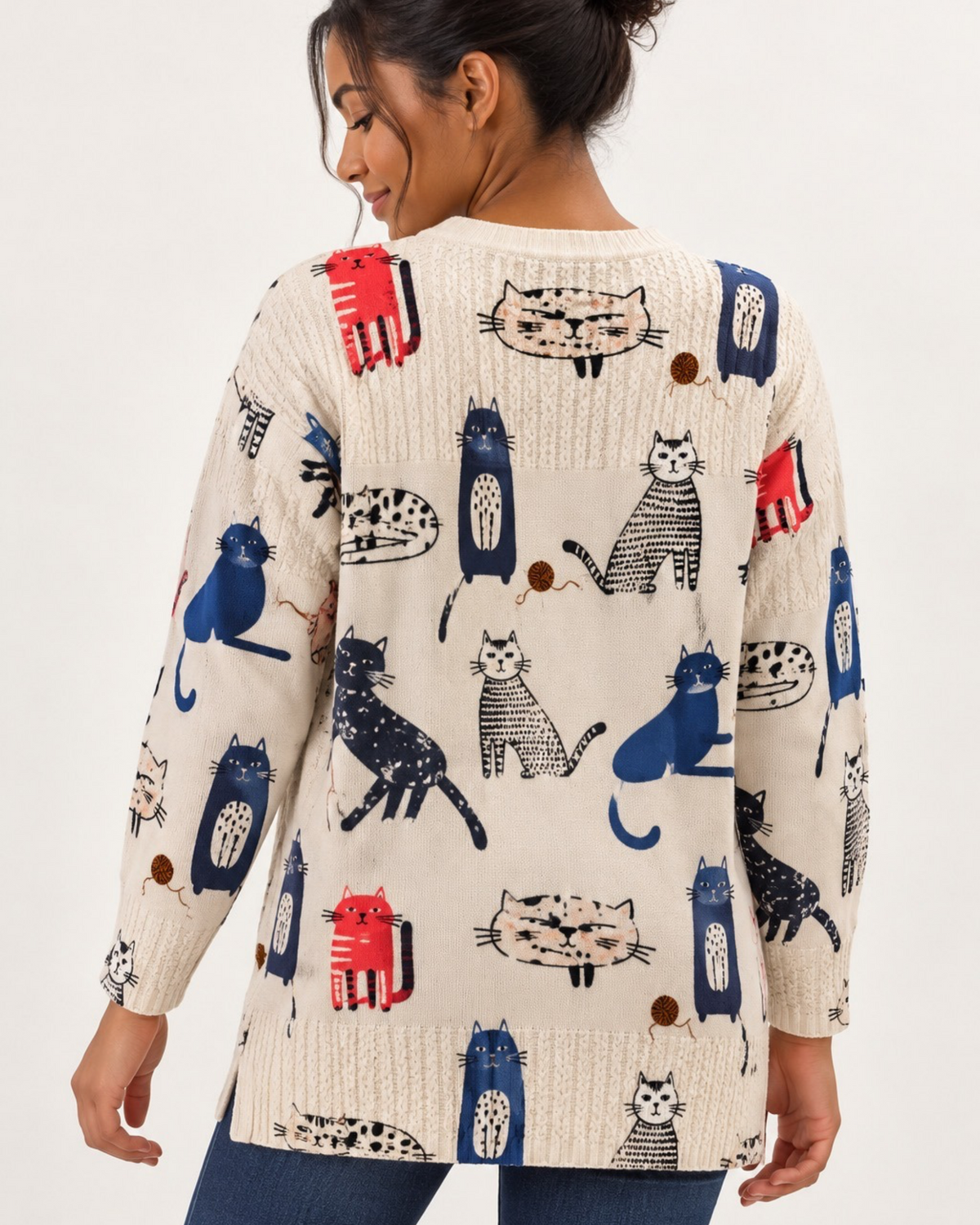 Cream Cat Print Longline Jumper
