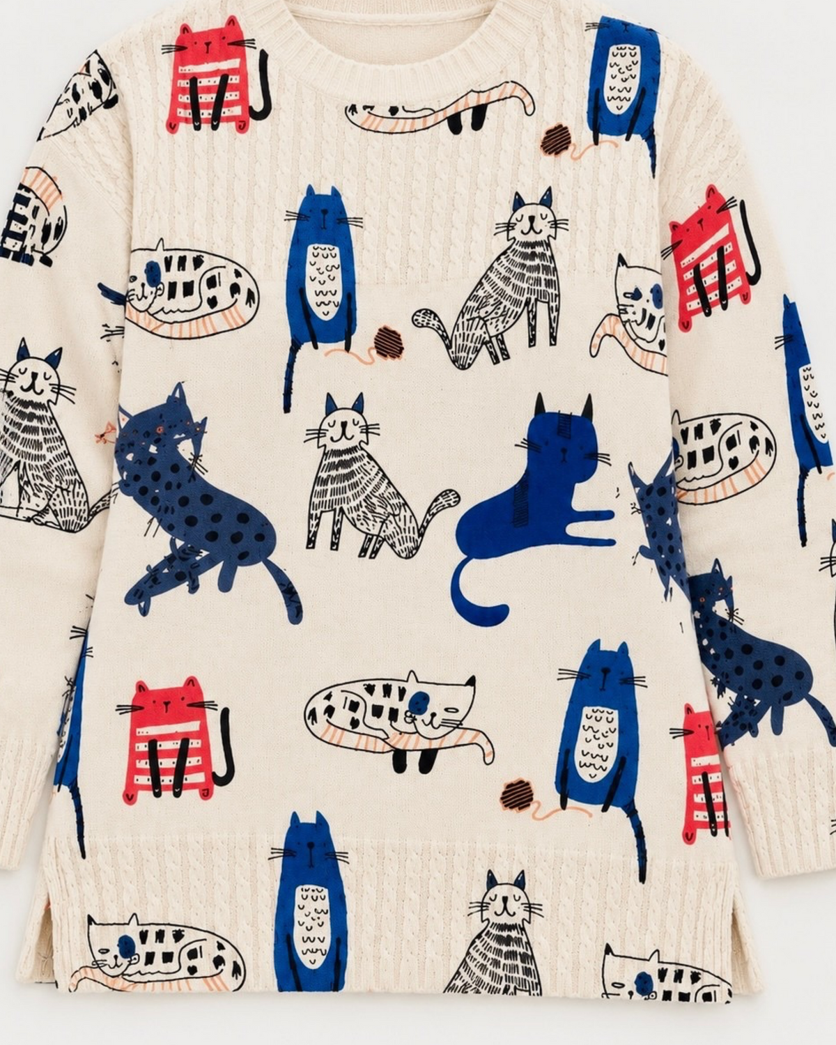 Cream Cat Print Longline Jumper