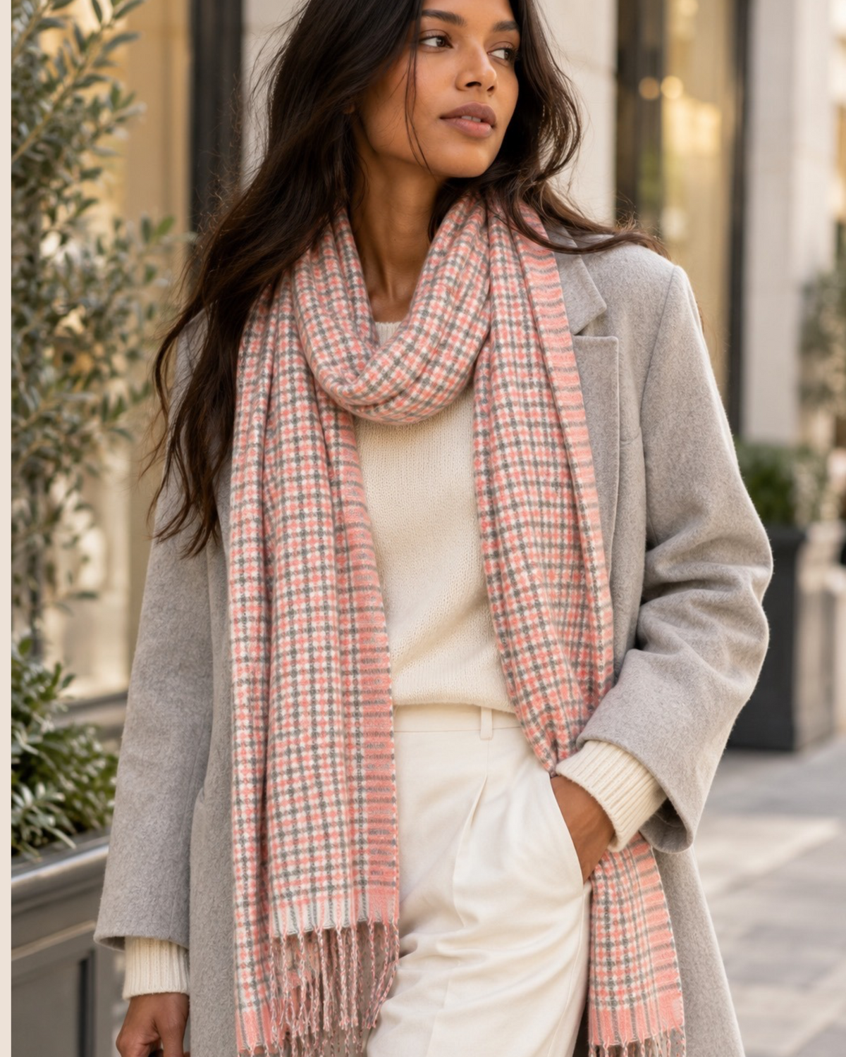 Blush Pink & Grey Checked Wool and Cotton Scarf