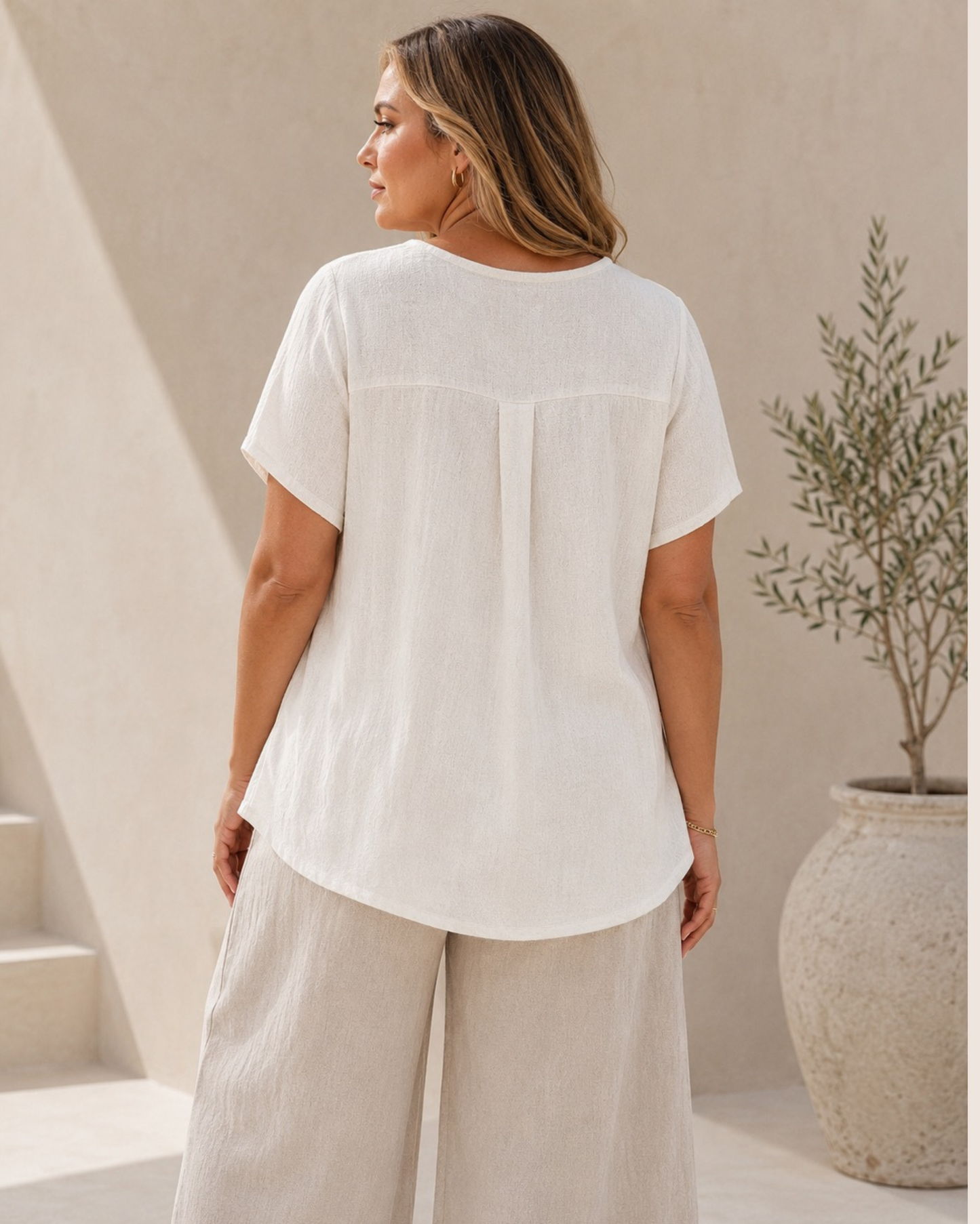 Button Detail Dip Hem Top - Cream