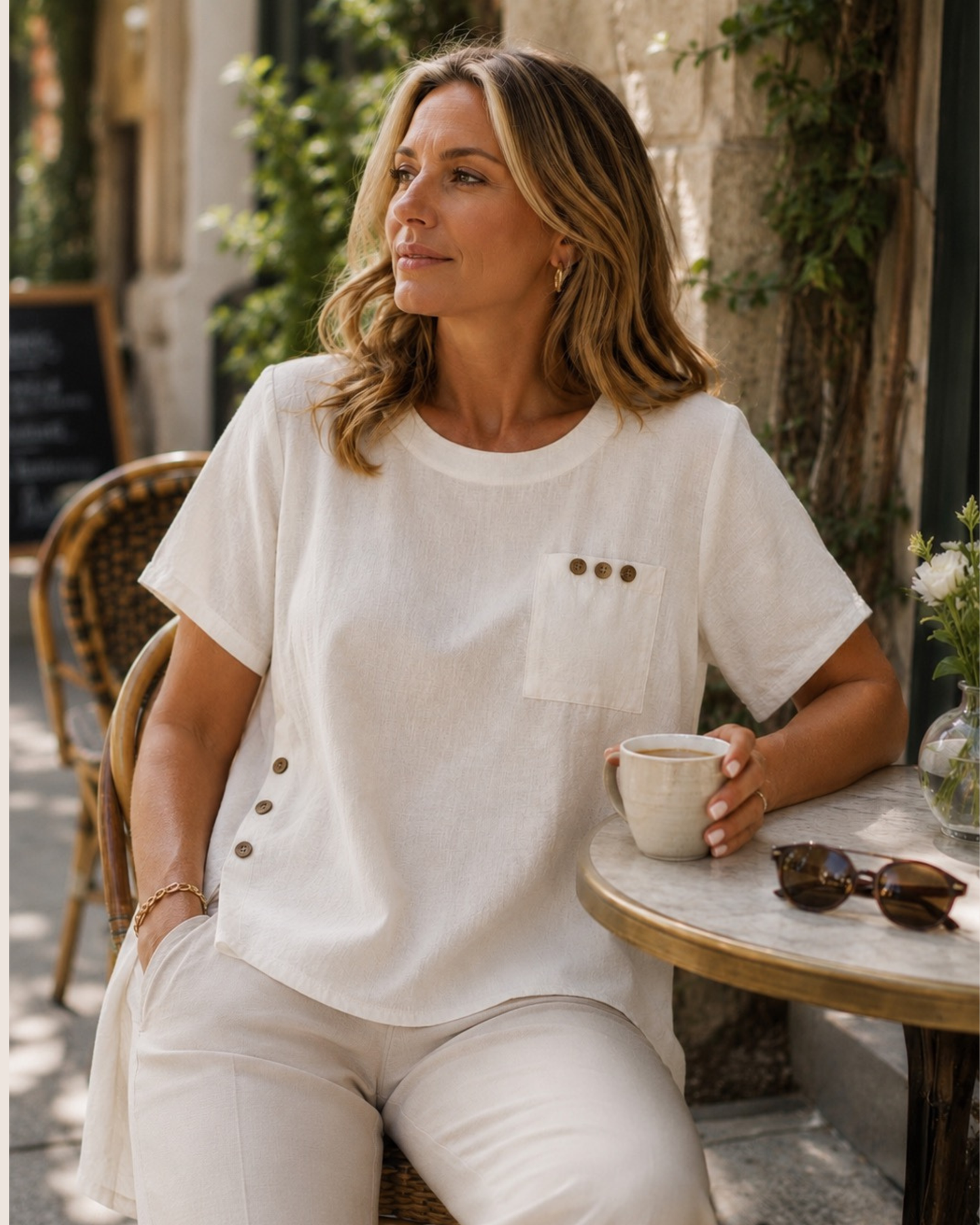 Button Detail Dip Hem Top - Cream