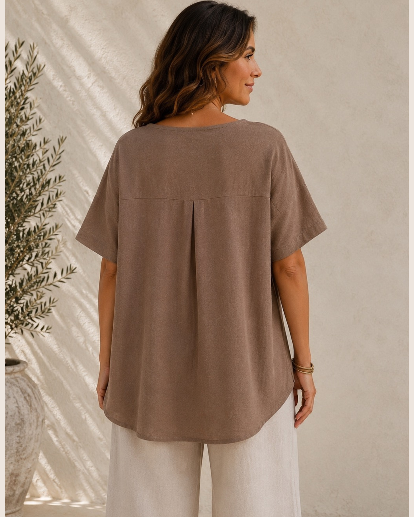 Button Detail Dip Hem - Brown