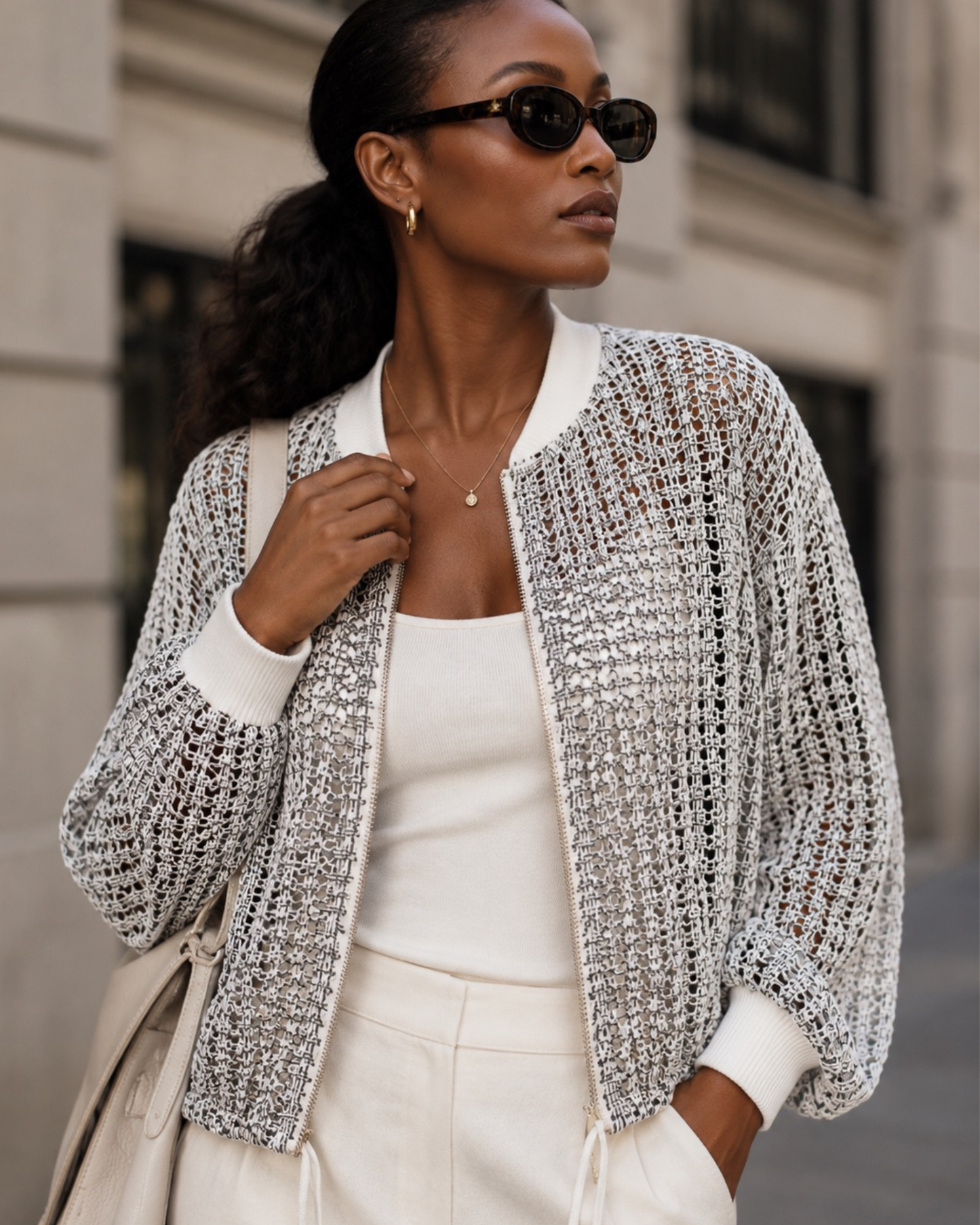 Crochet Bomber Jacket - Cream
