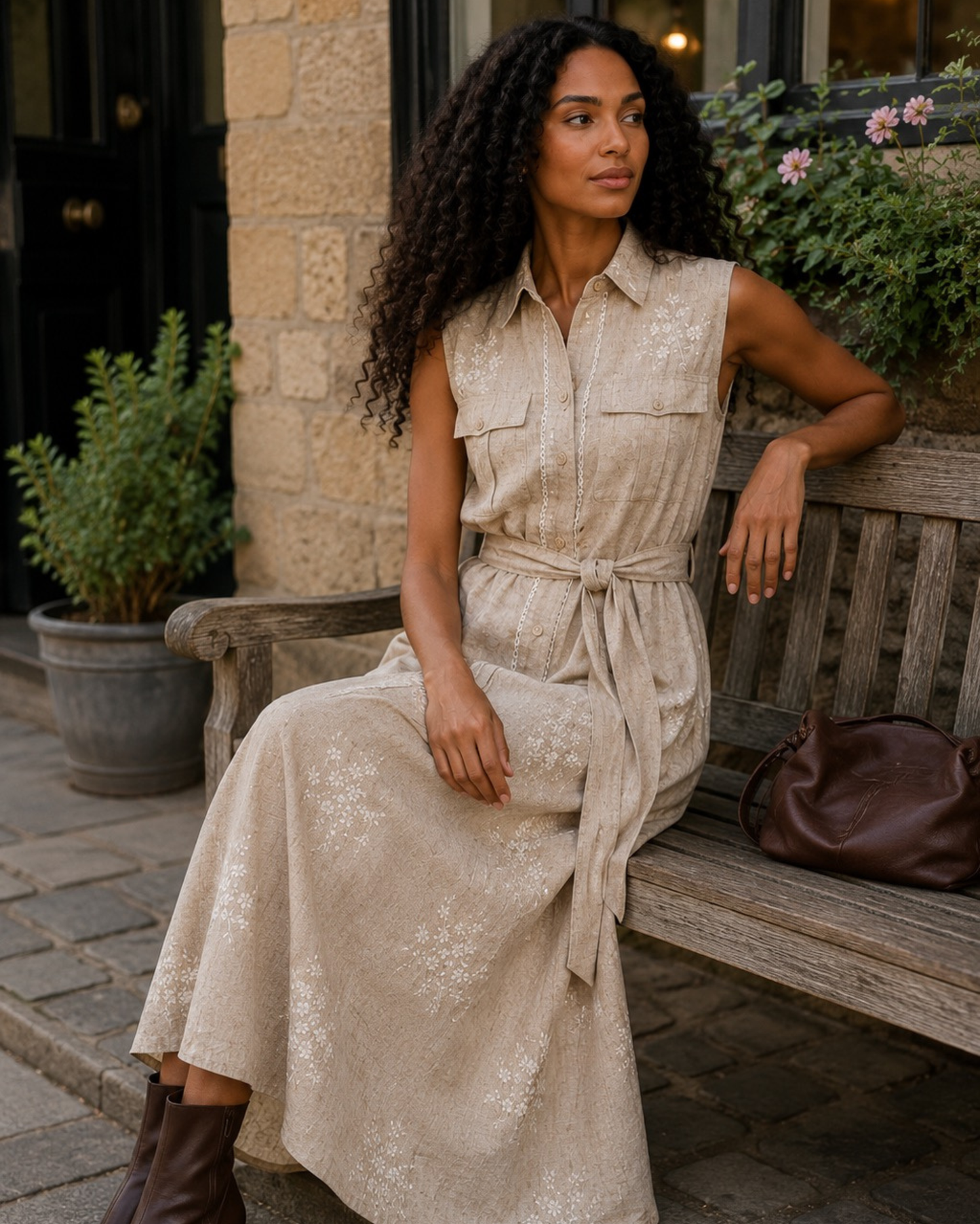 Embroidered Belted Midi Shirt Dress